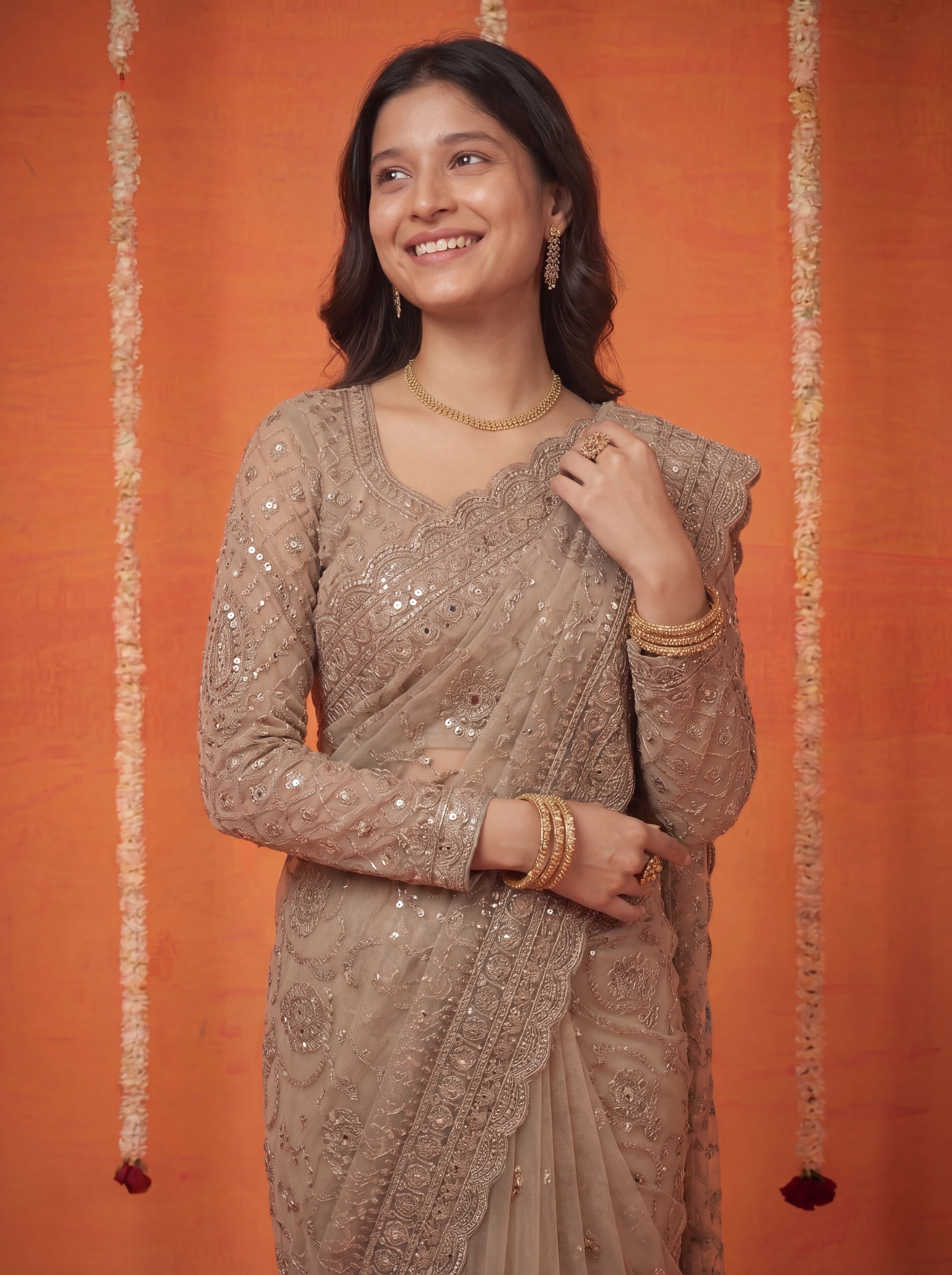 Champagne Gold Net Embroidery Sequins Beads Bridal Saree