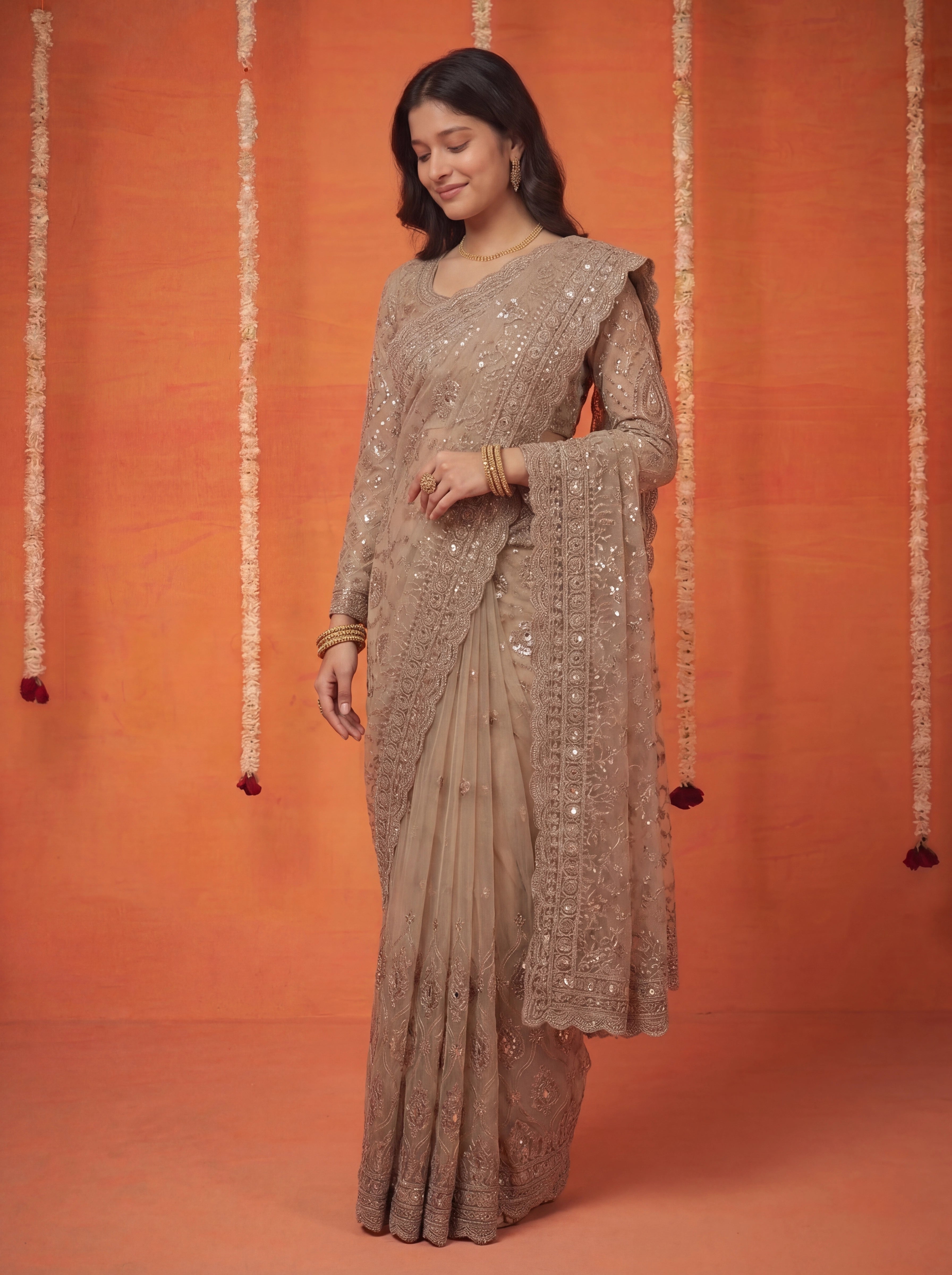 Champagne Gold Net Embroidery Sequins Beads Bridal Saree