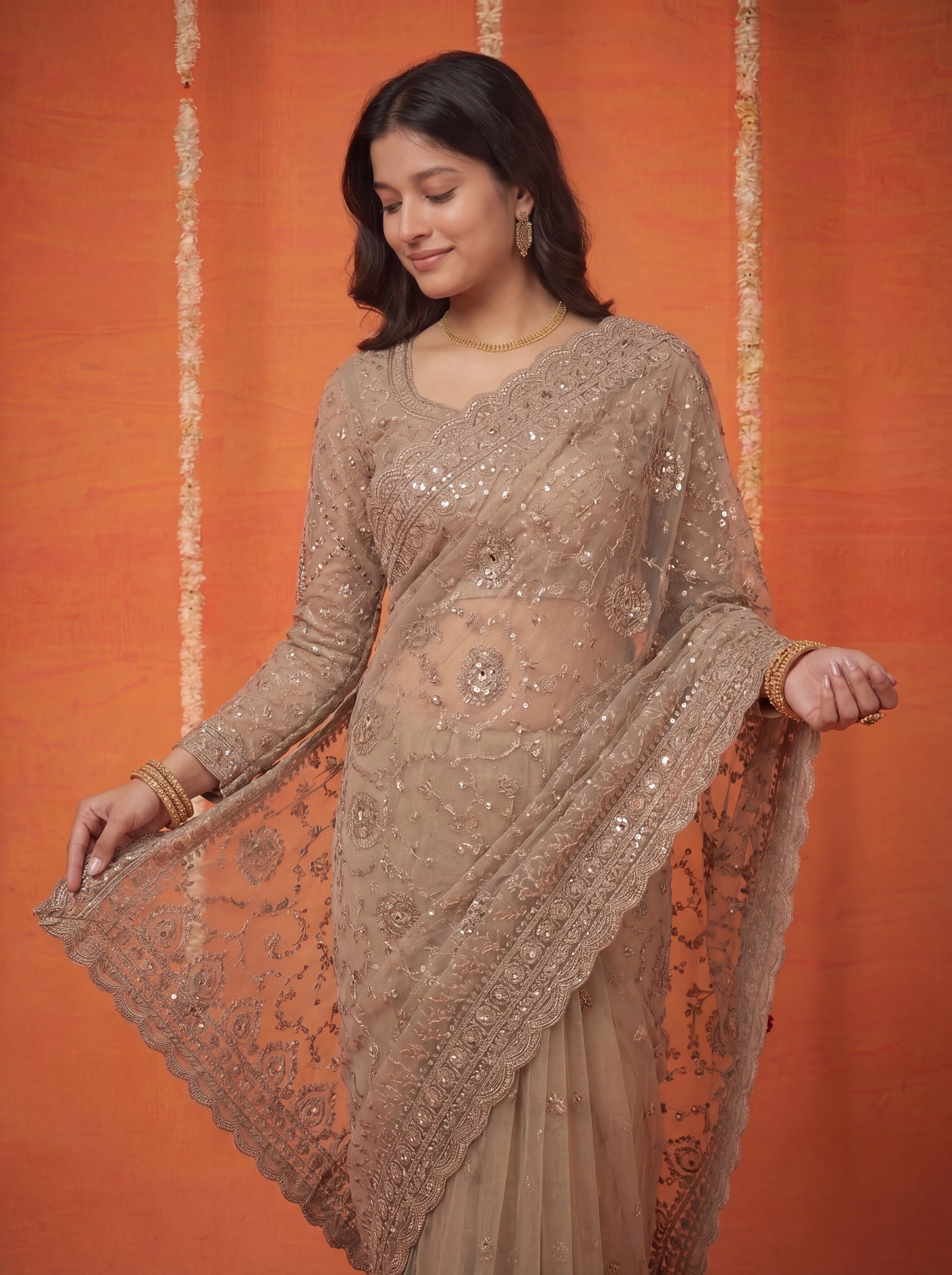 Champagne Gold Net Embroidery Sequins Beads Bridal Saree