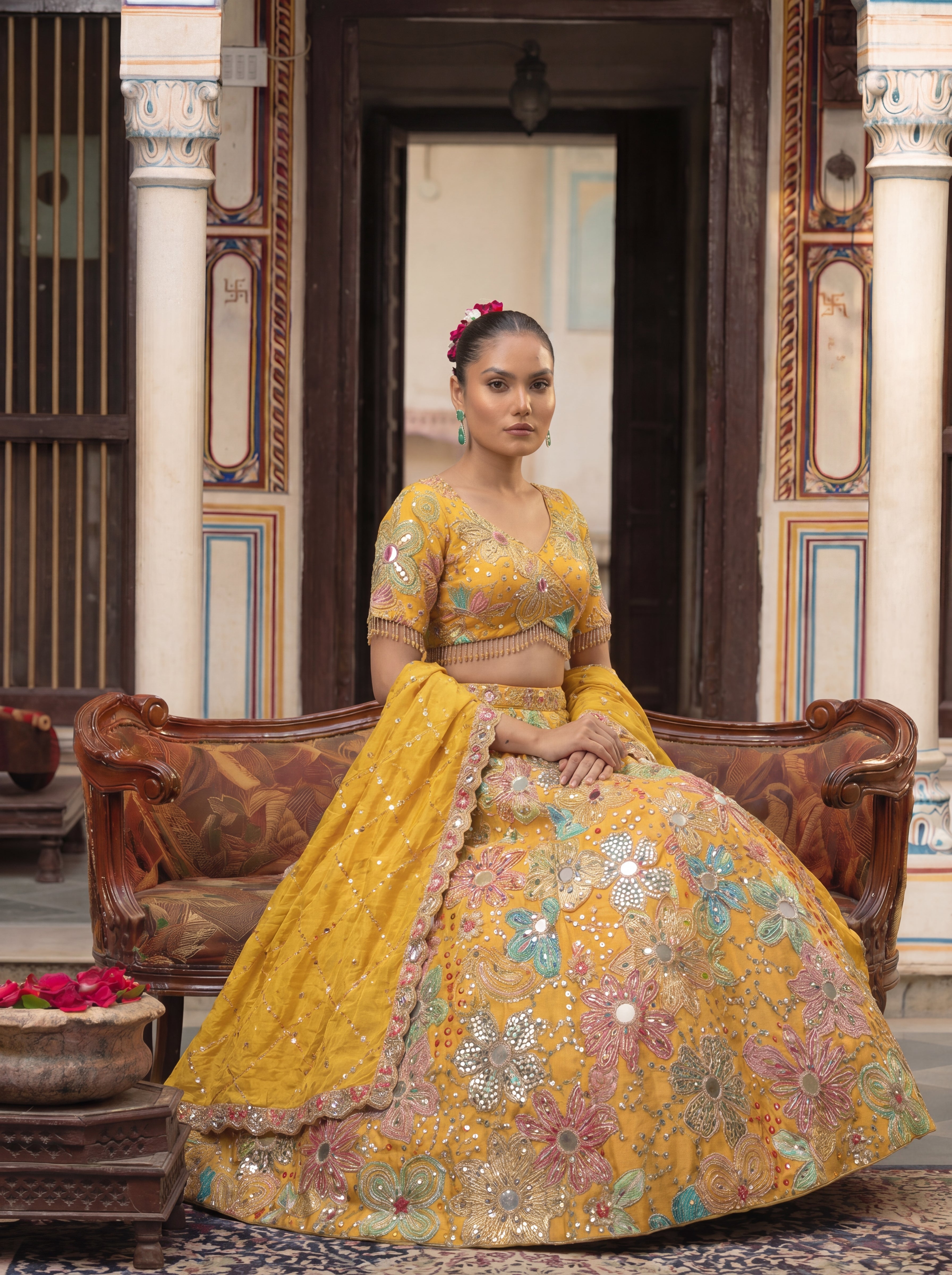 Yellow Viscose Mirror Sequins Embroidered Wedding Lehenga Choli