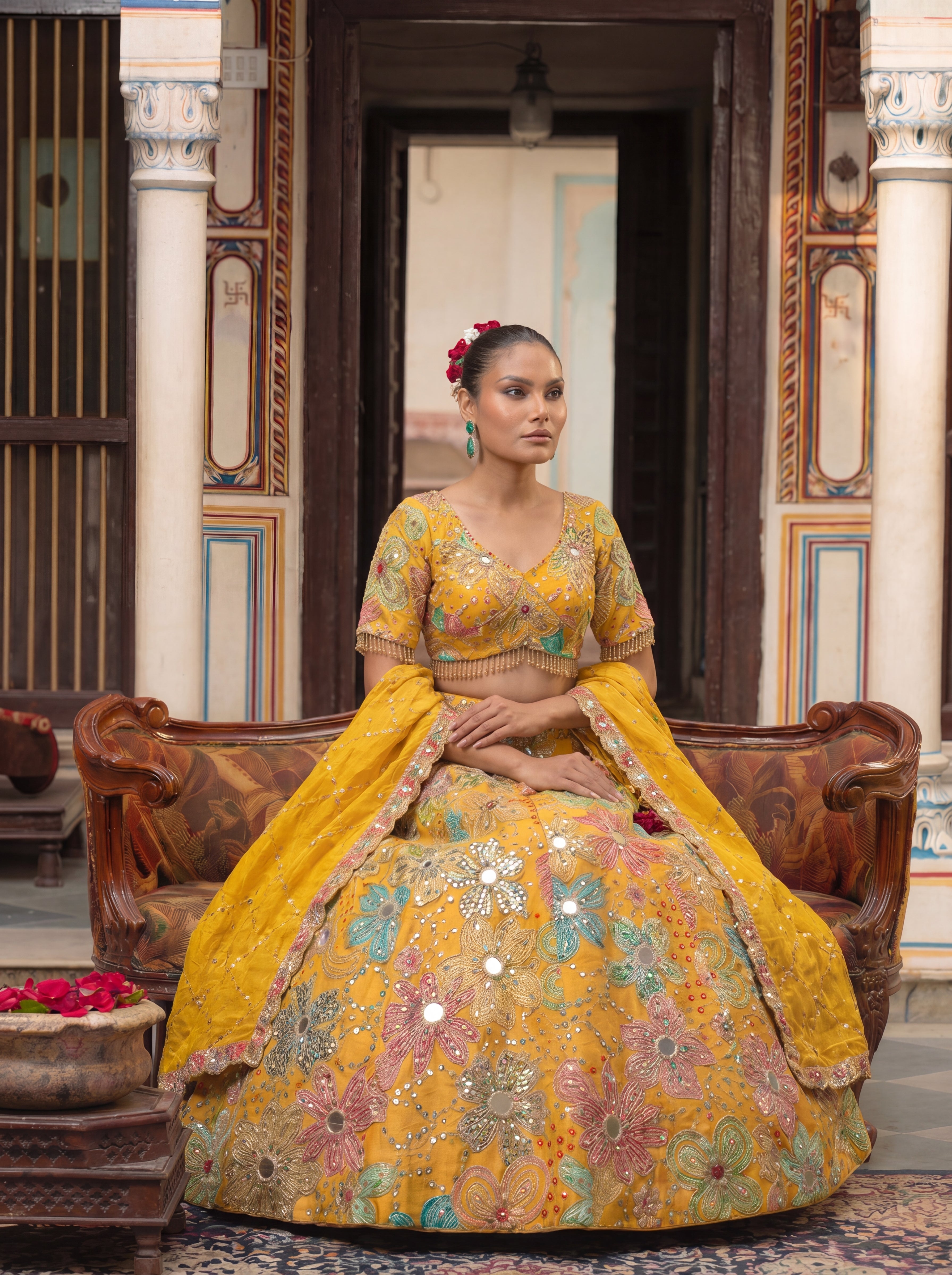 Yellow Viscose Mirror Sequins Embroidered Wedding Lehenga Choli