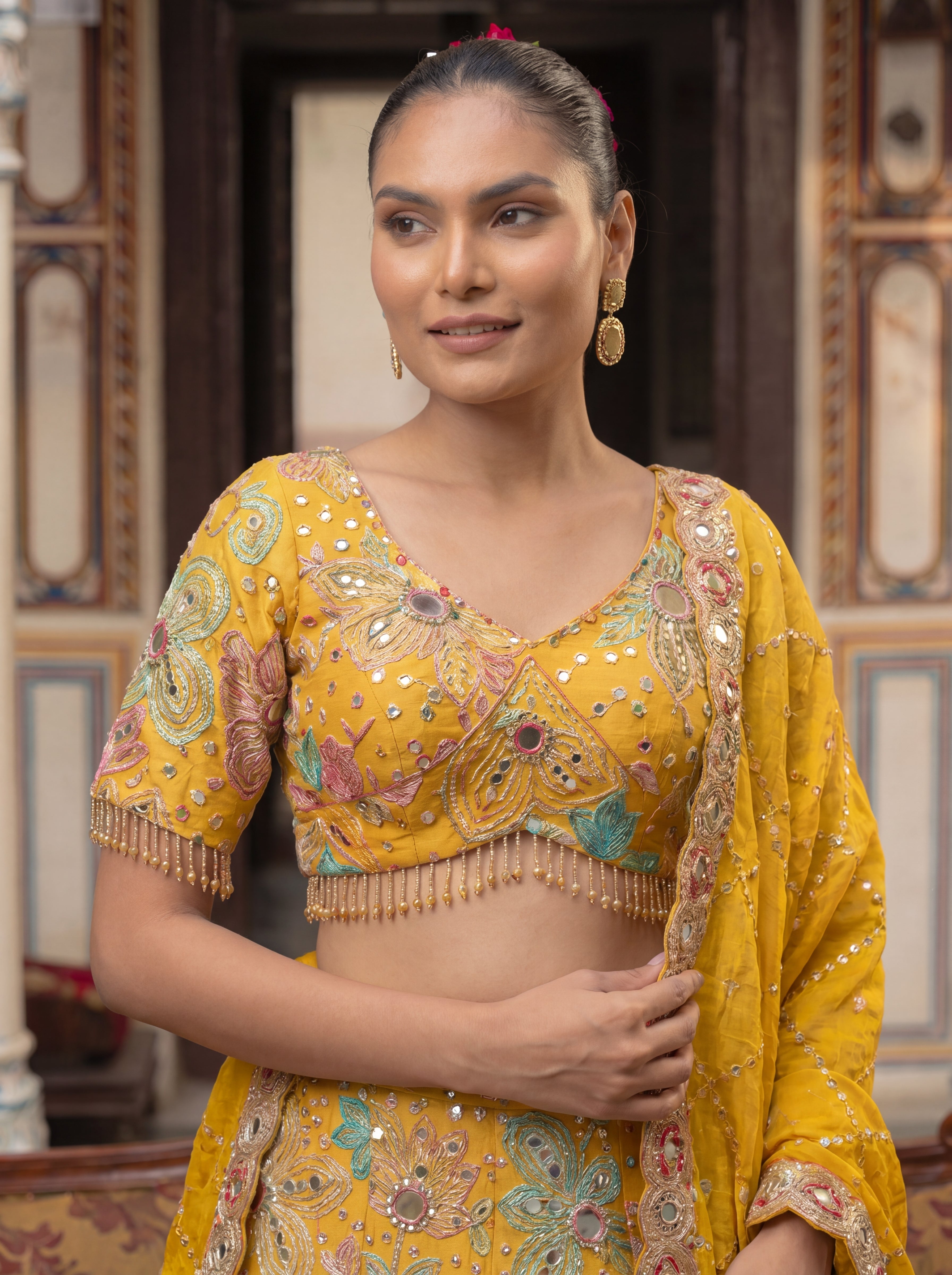 Yellow Viscose Mirror Sequins Embroidered Wedding Lehenga Choli