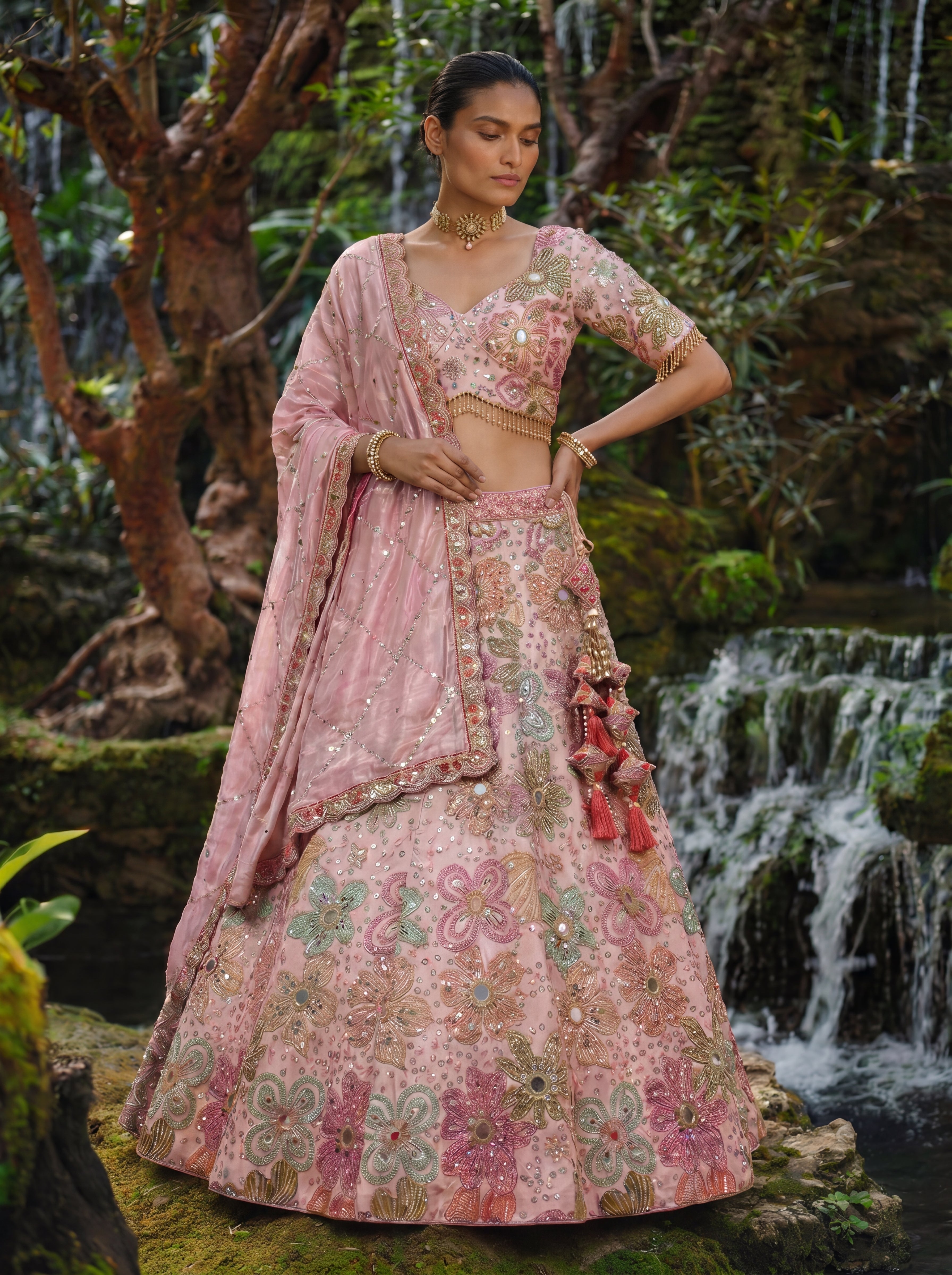 Pink Tissue Mirror Sequins Embroidered Bridal Lehenga Choli Set