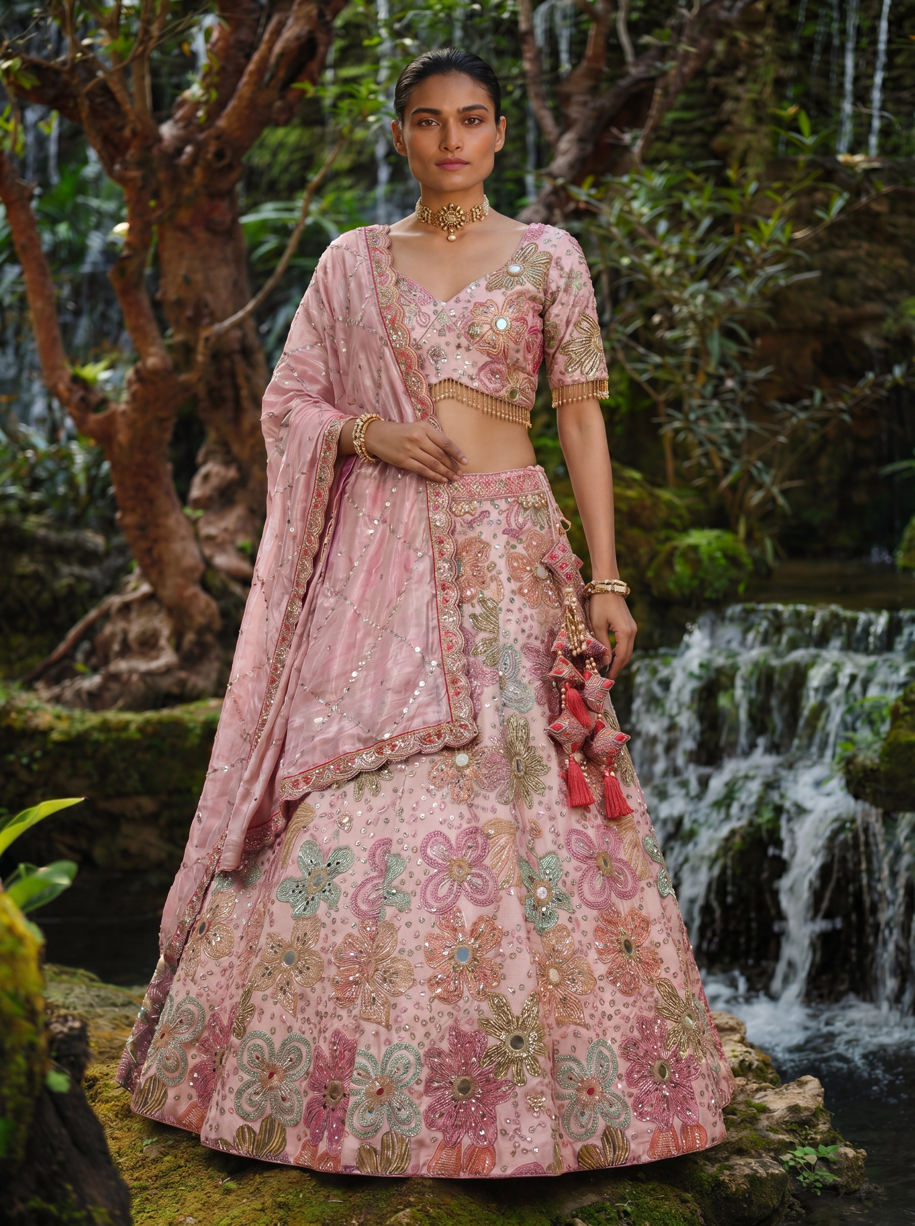 Pink Tissue Mirror Sequins Embroidered Bridal Lehenga Choli Set