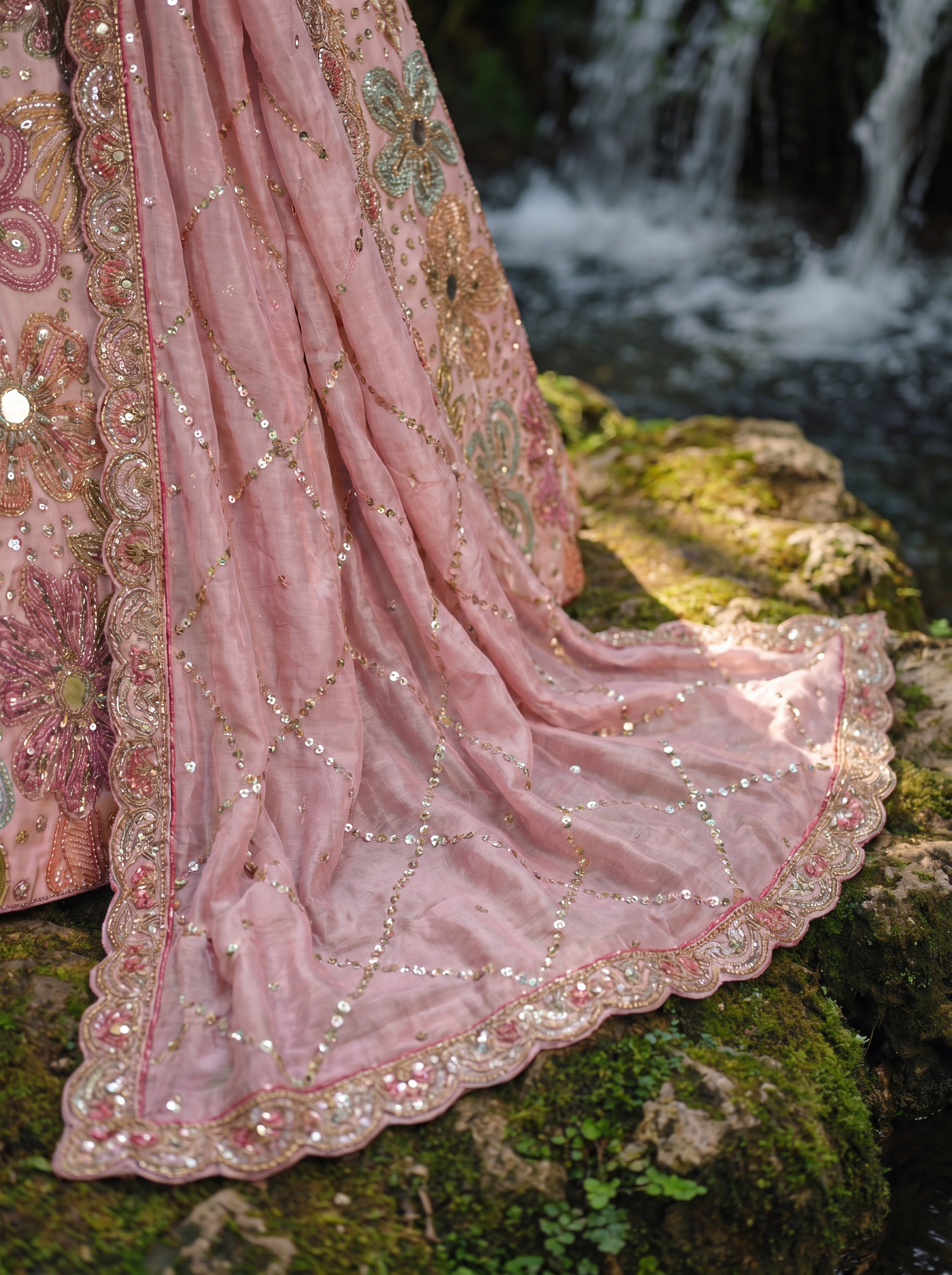 Pink Tissue Mirror Sequins Embroidered Bridal Lehenga Choli Set