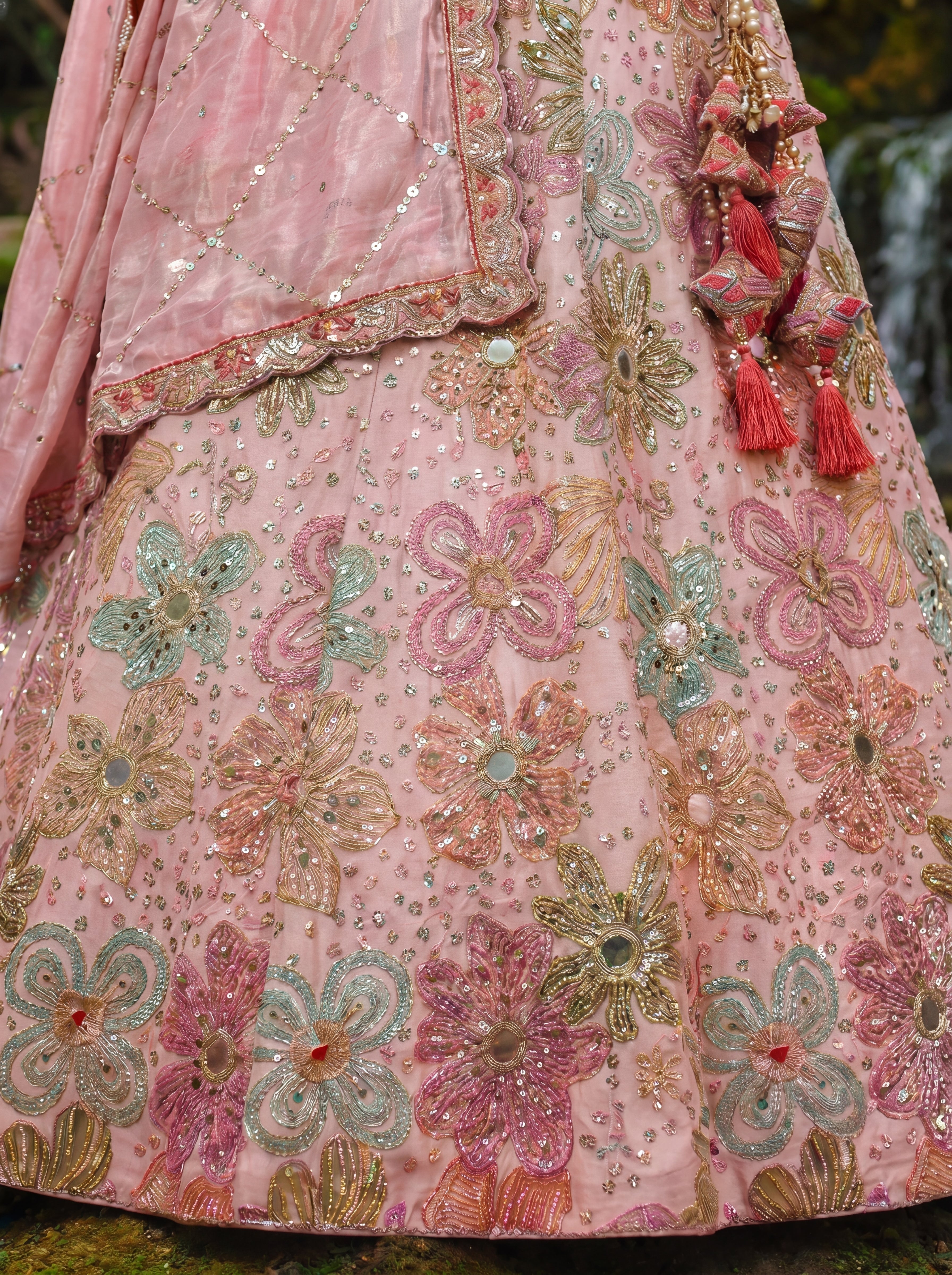 Pink Tissue Mirror Sequins Embroidered Bridal Lehenga Choli Set