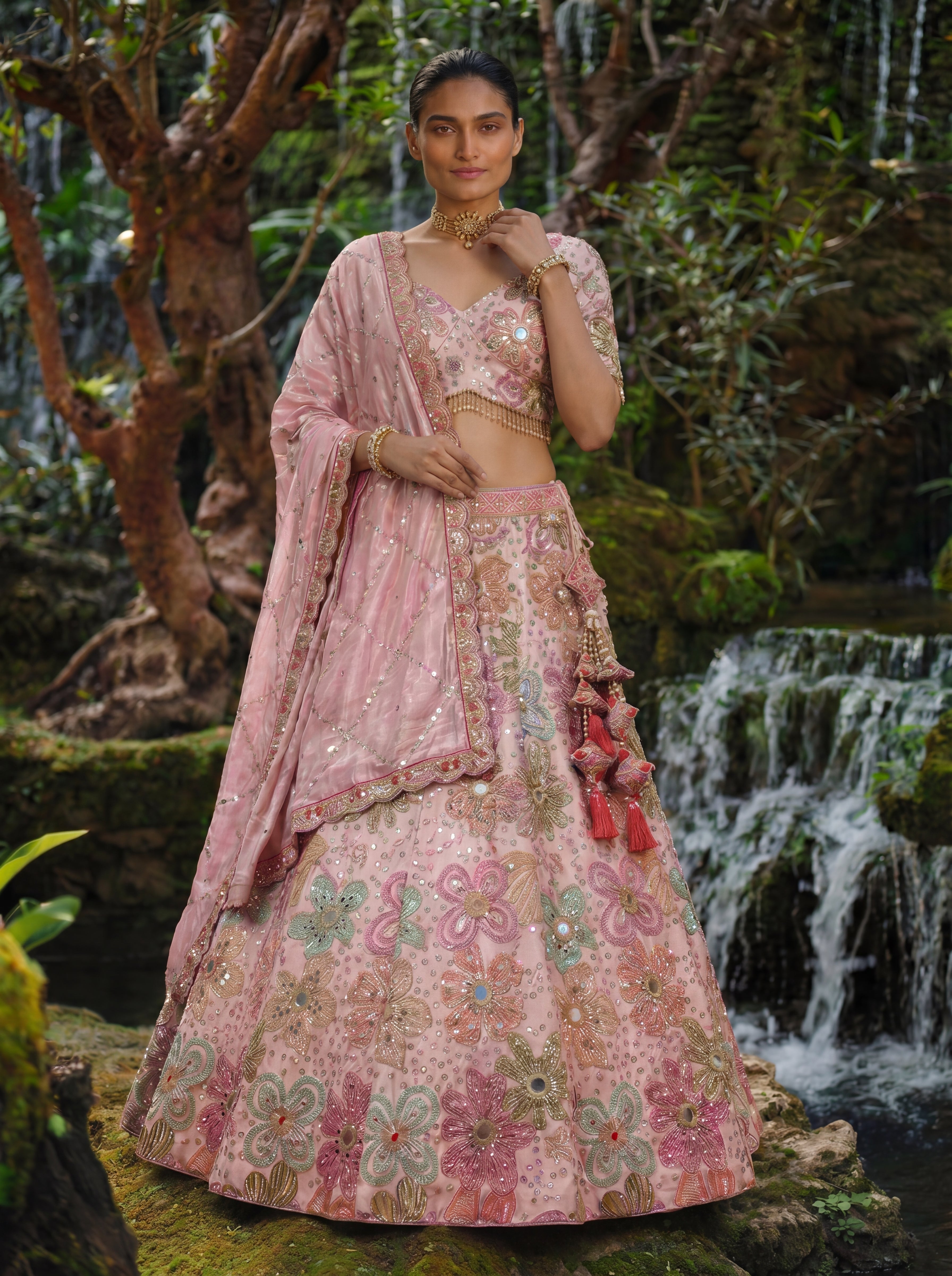 Pink Tissue Mirror Sequins Embroidered Bridal Lehenga Choli Set