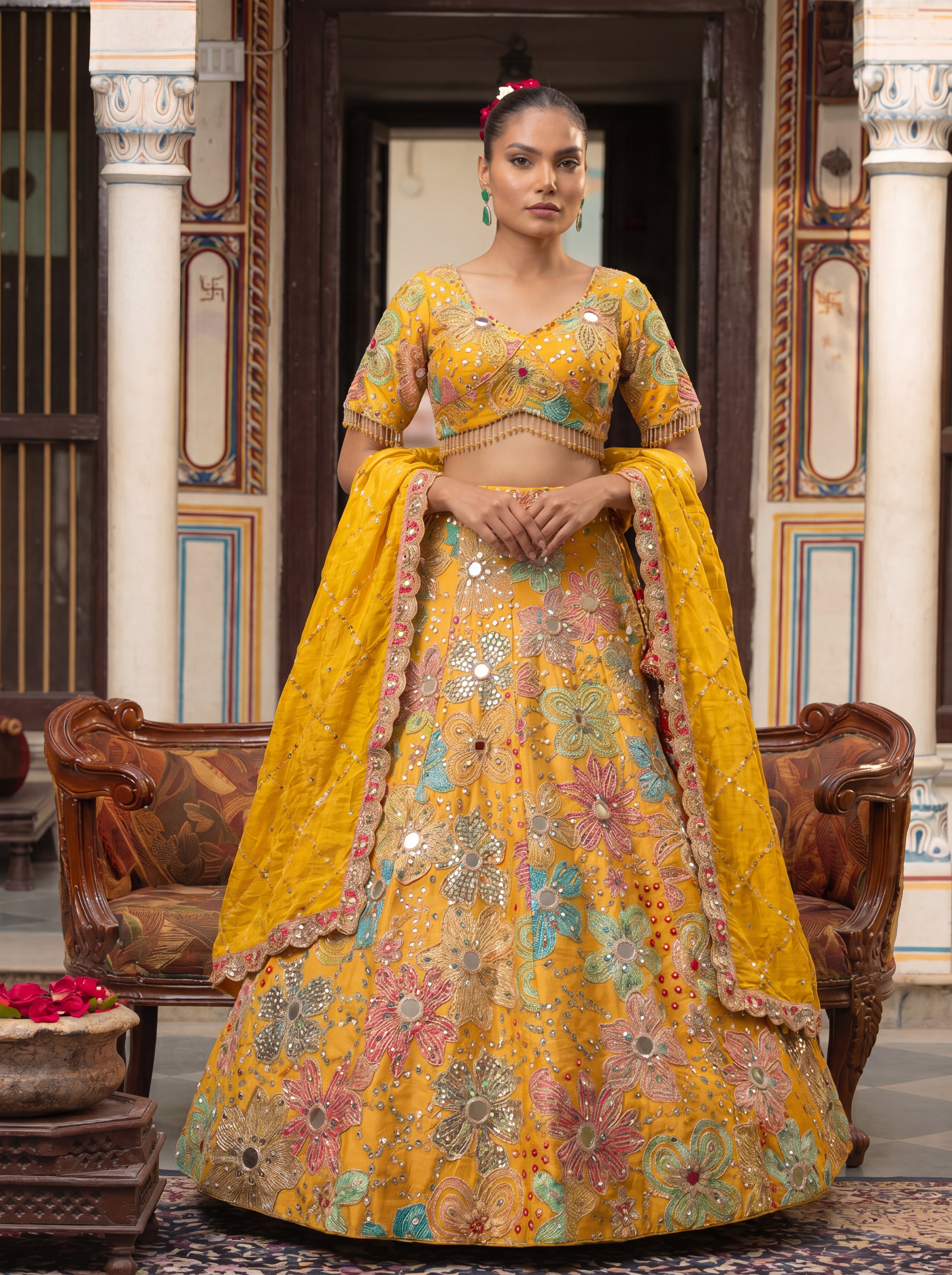 Yellow Viscose Mirror Sequins Embroidered Wedding Lehenga Choli