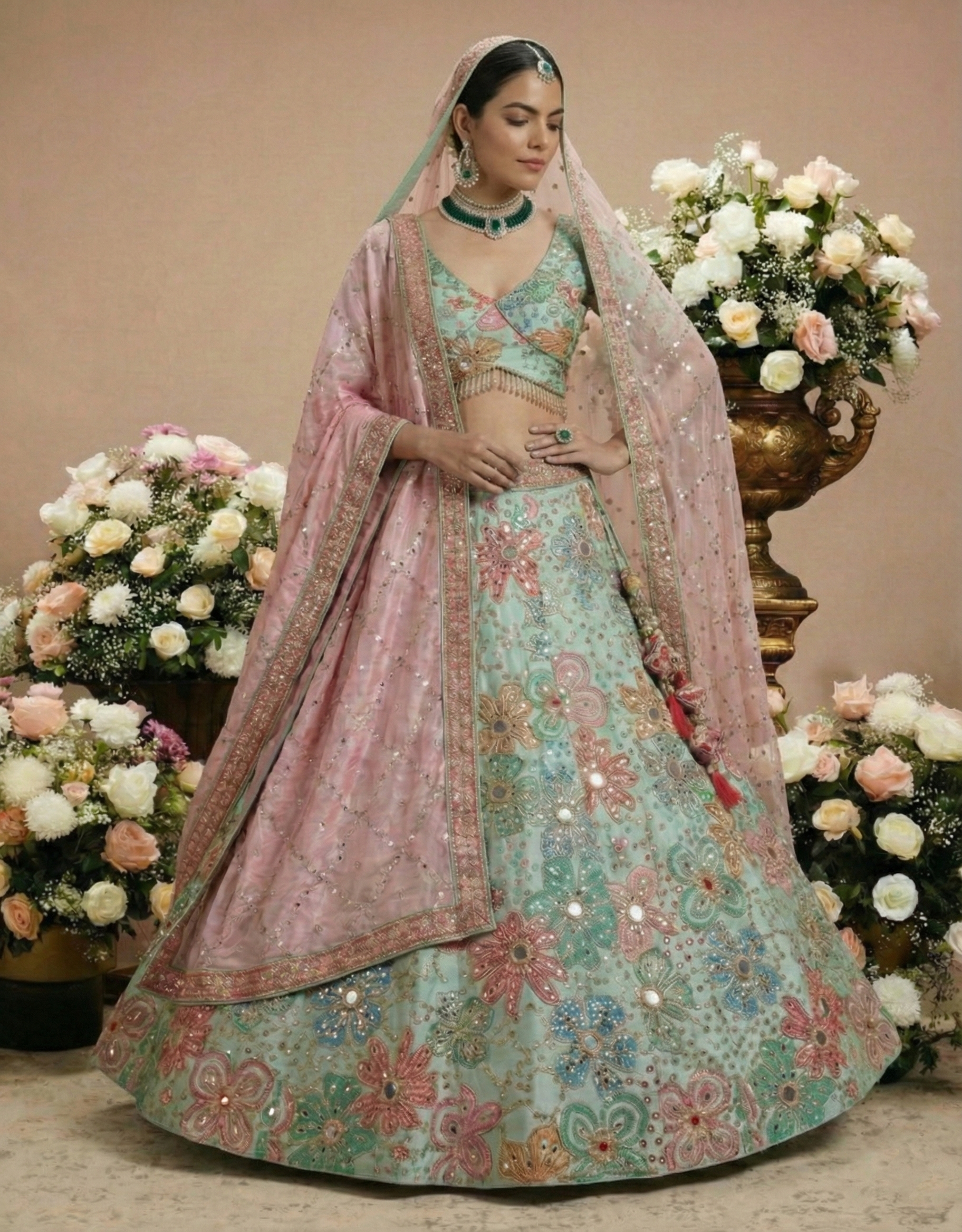 Rose Deep Viscose Mirror Sequins Bridal Lehenga Choli Set