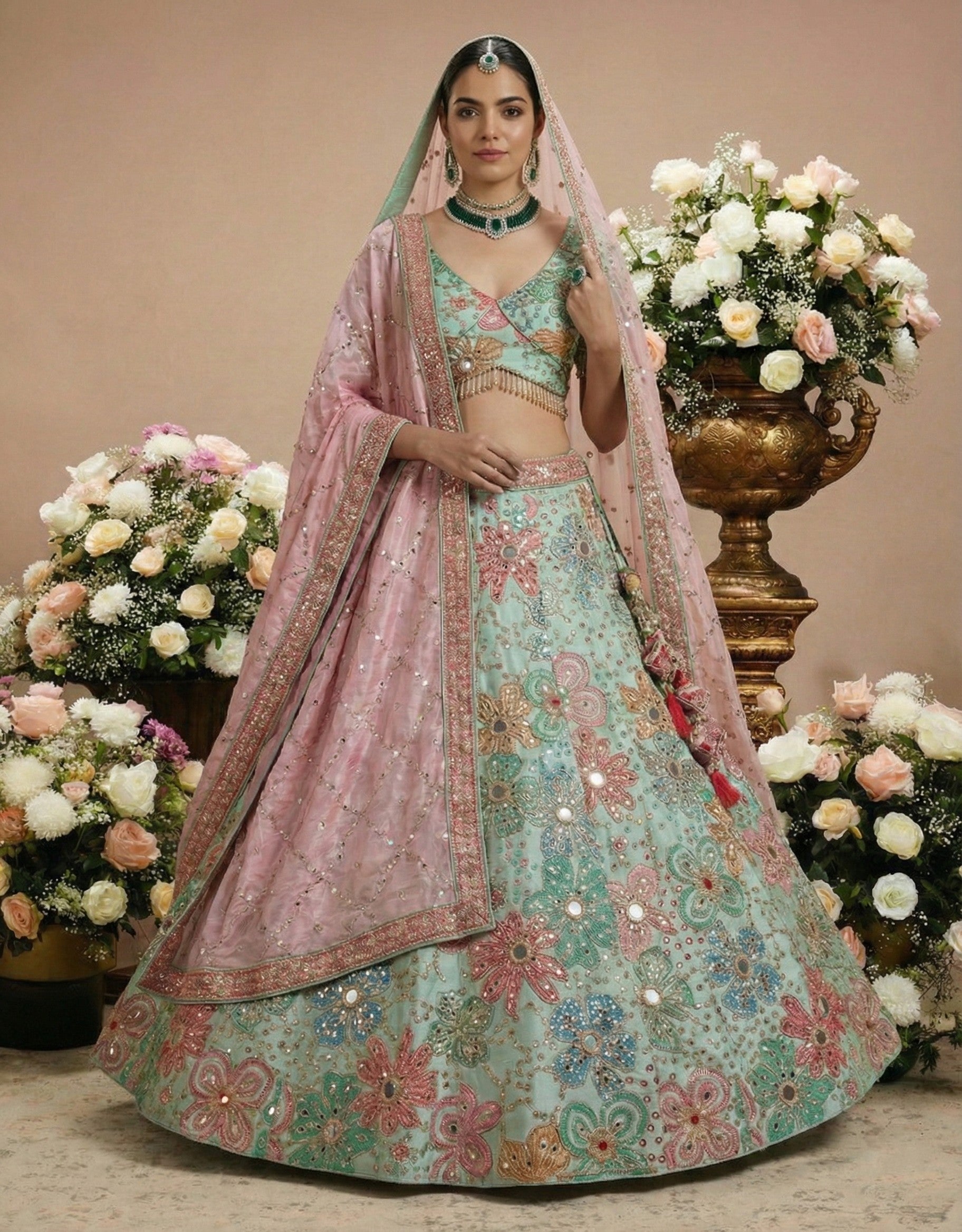 Mint Green Viscose Sequins Mirror Bridal Lehenga Choli Set