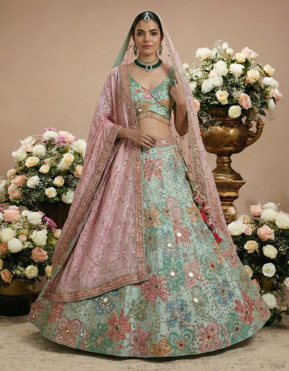 Mint Green Viscose Sequins Mirror Bridal Lehenga Choli Set