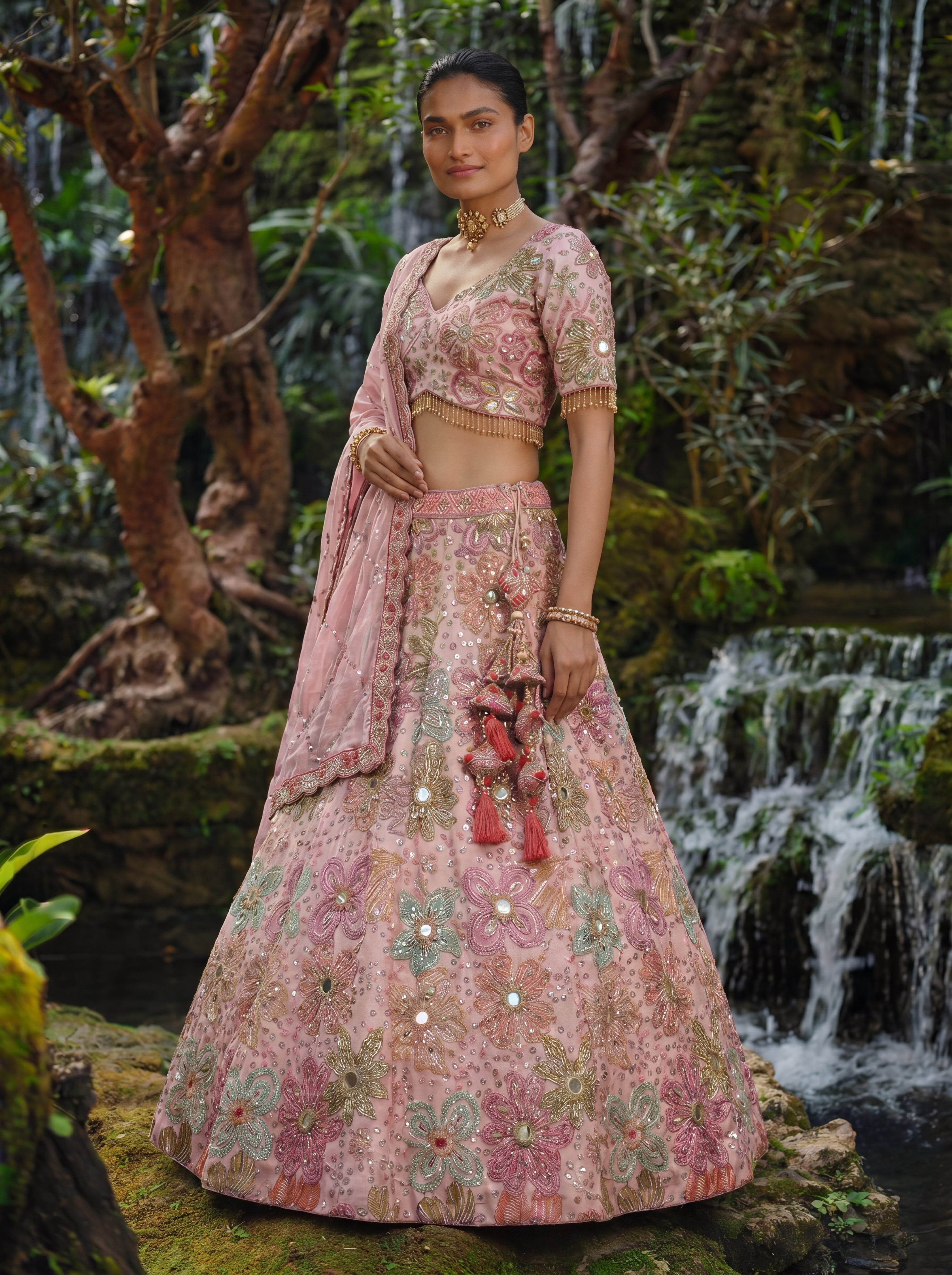 Pink Tissue Mirror Sequins Embroidered Bridal Lehenga Choli Set