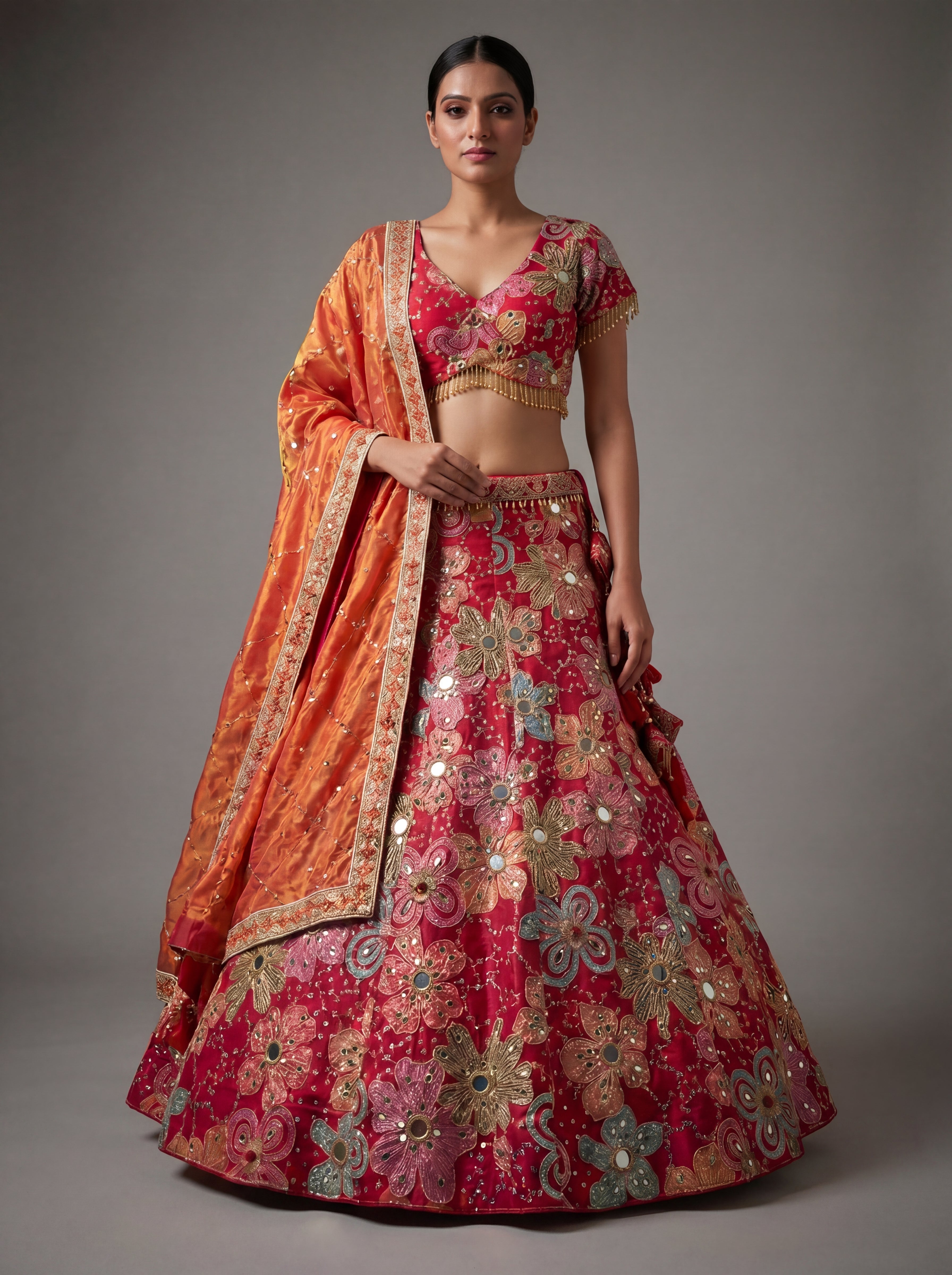 Rani Pink Viscose Mirror Sequins Wedding Lehenga Choli Set