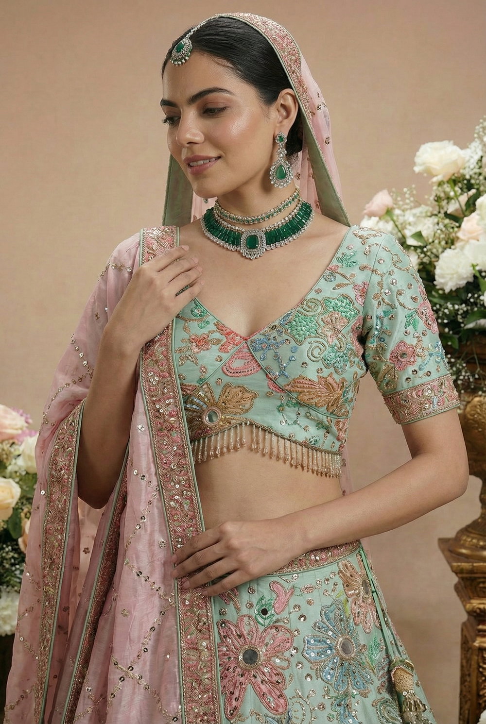 Rose Deep Viscose Mirror Sequins Bridal Lehenga Choli Set
