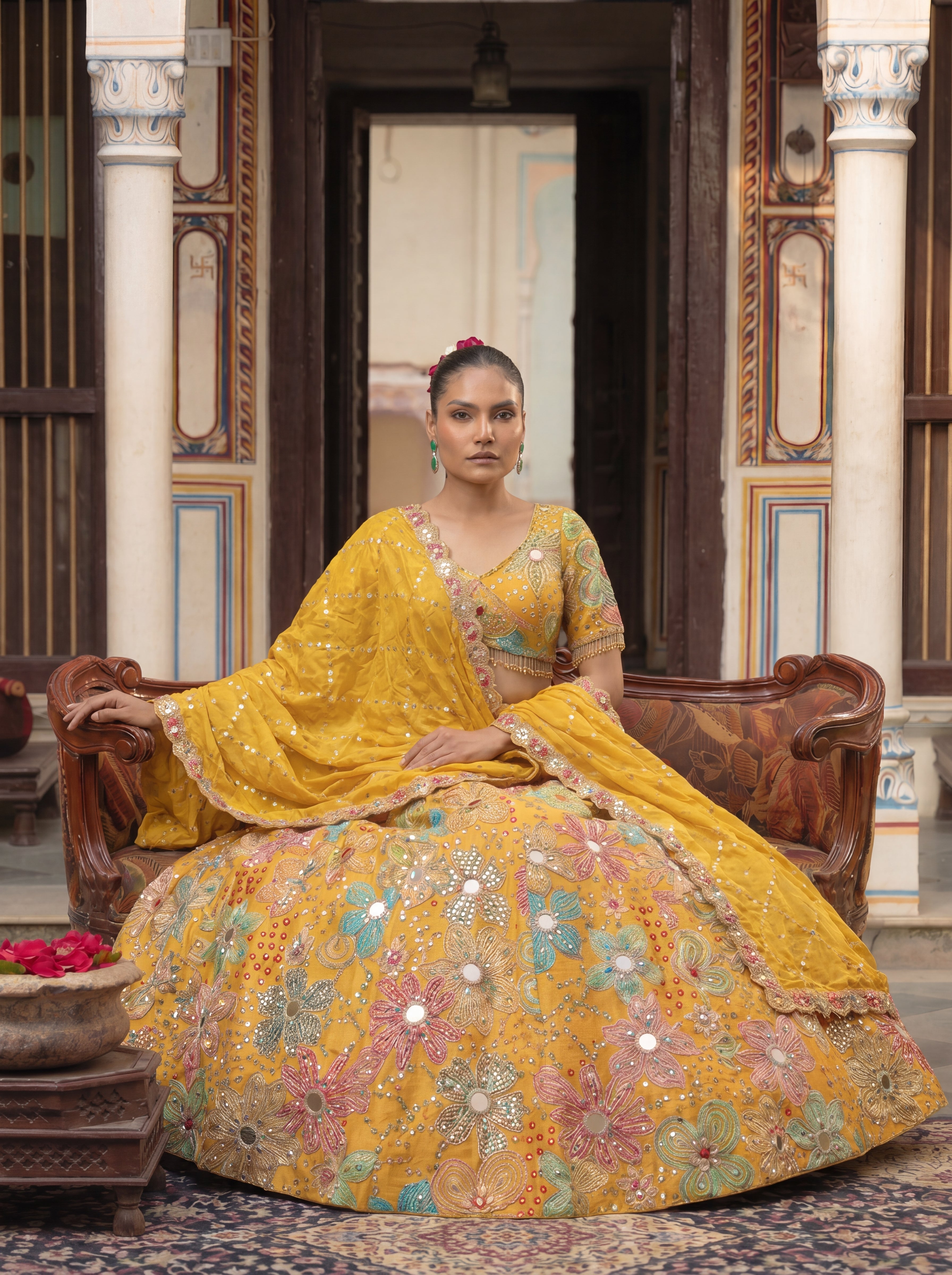 Yellow Viscose Mirror Sequins Embroidered Wedding Lehenga Choli