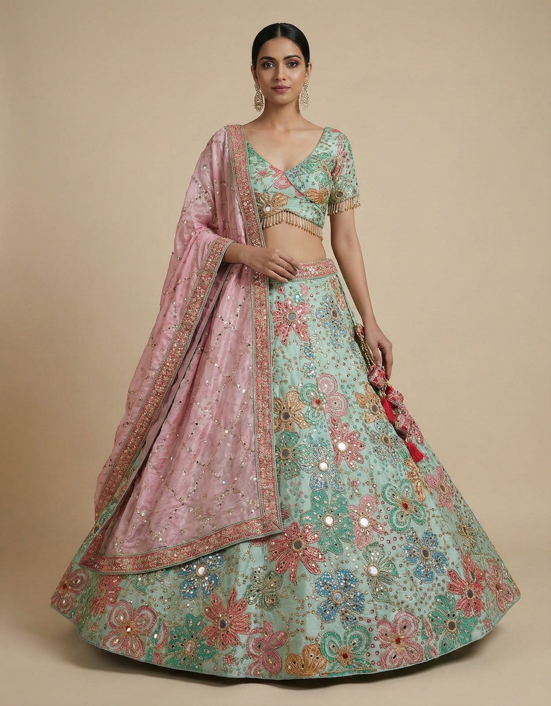 Rose Deep Viscose Mirror Sequins Bridal Lehenga Choli Set
