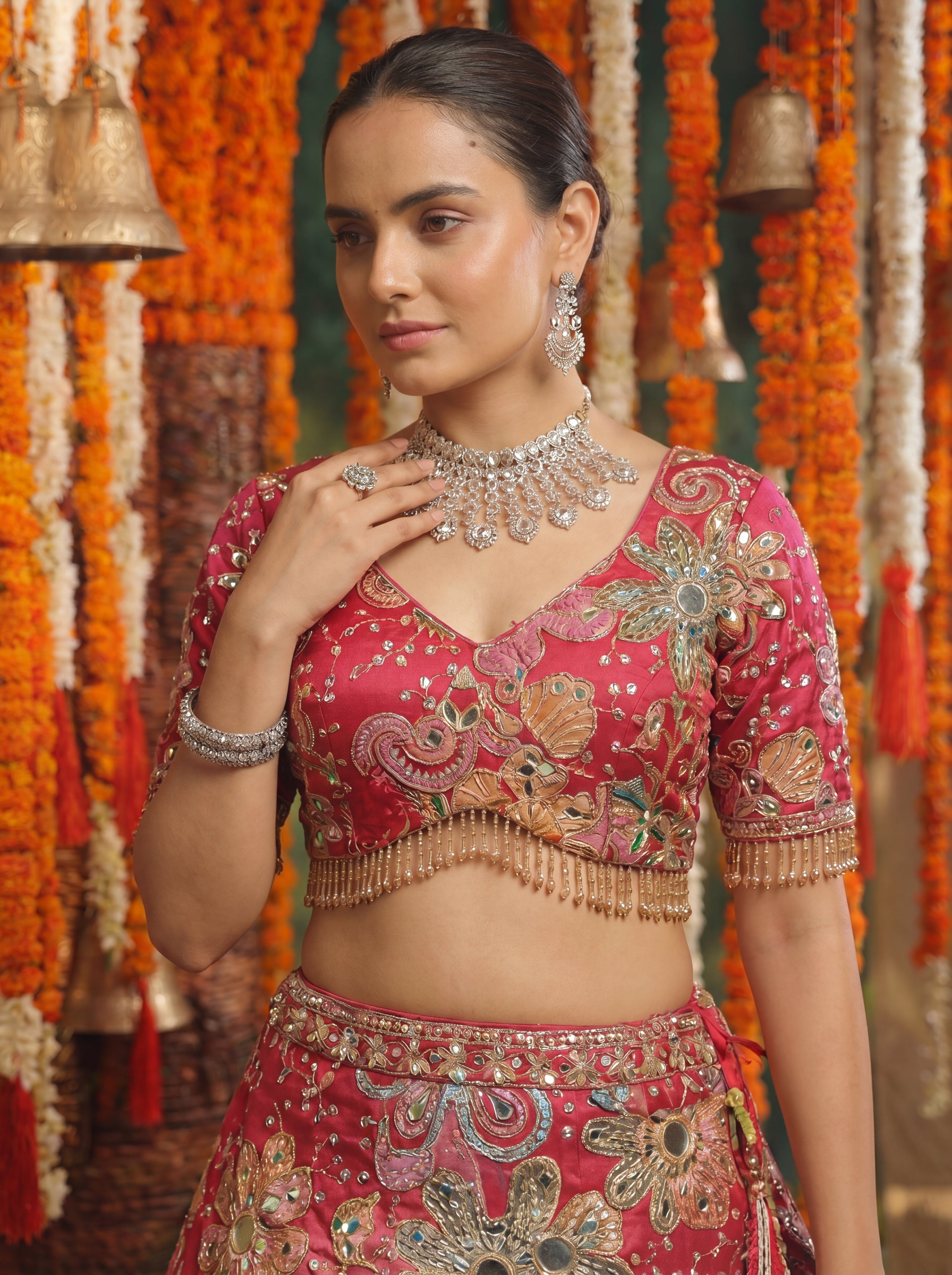 Deep Rose Viscose Mirror Sequins Bridal Lehenga Choli Set
