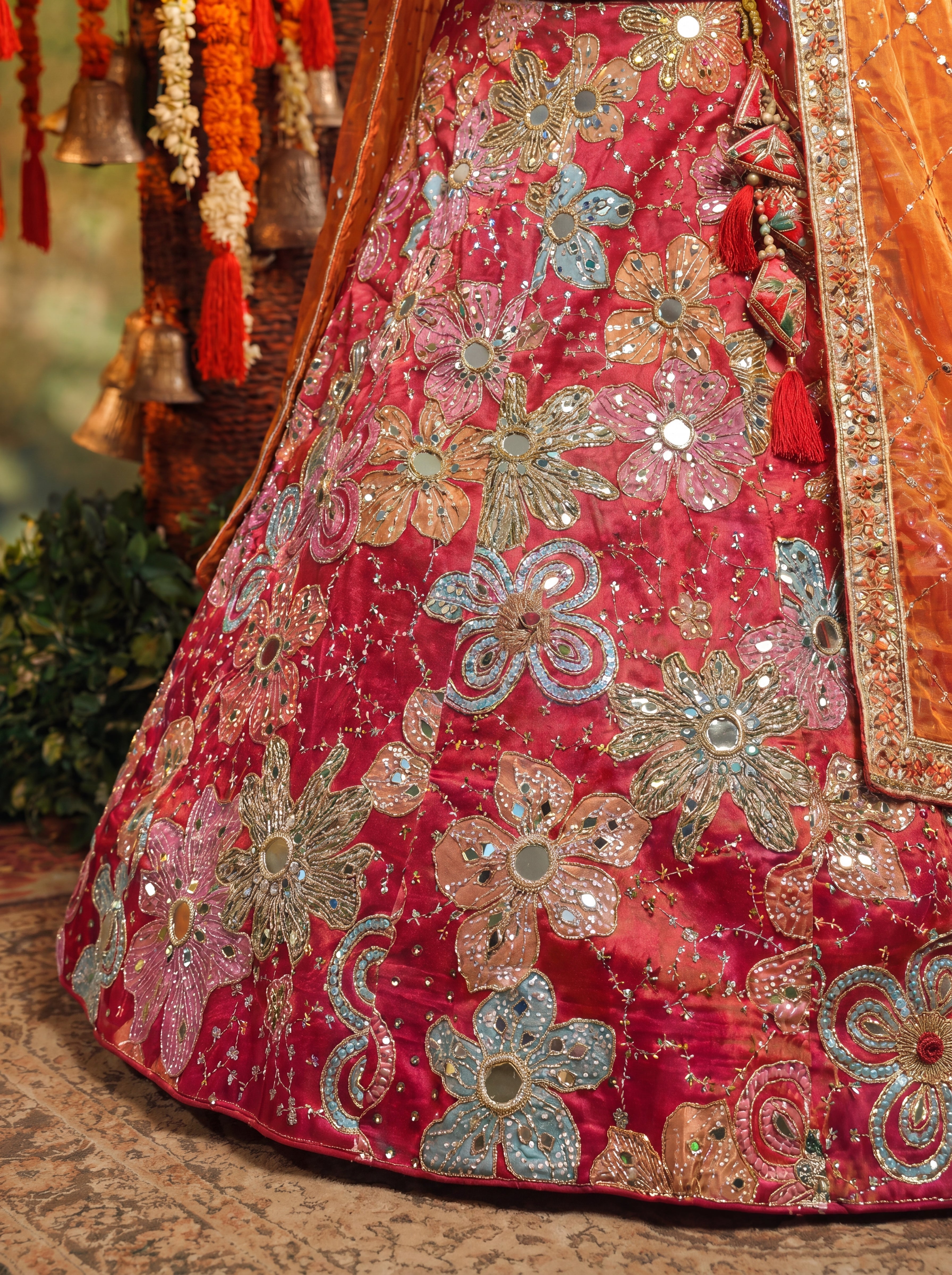 Deep Rose Viscose Mirror Sequins Bridal Lehenga Choli Set