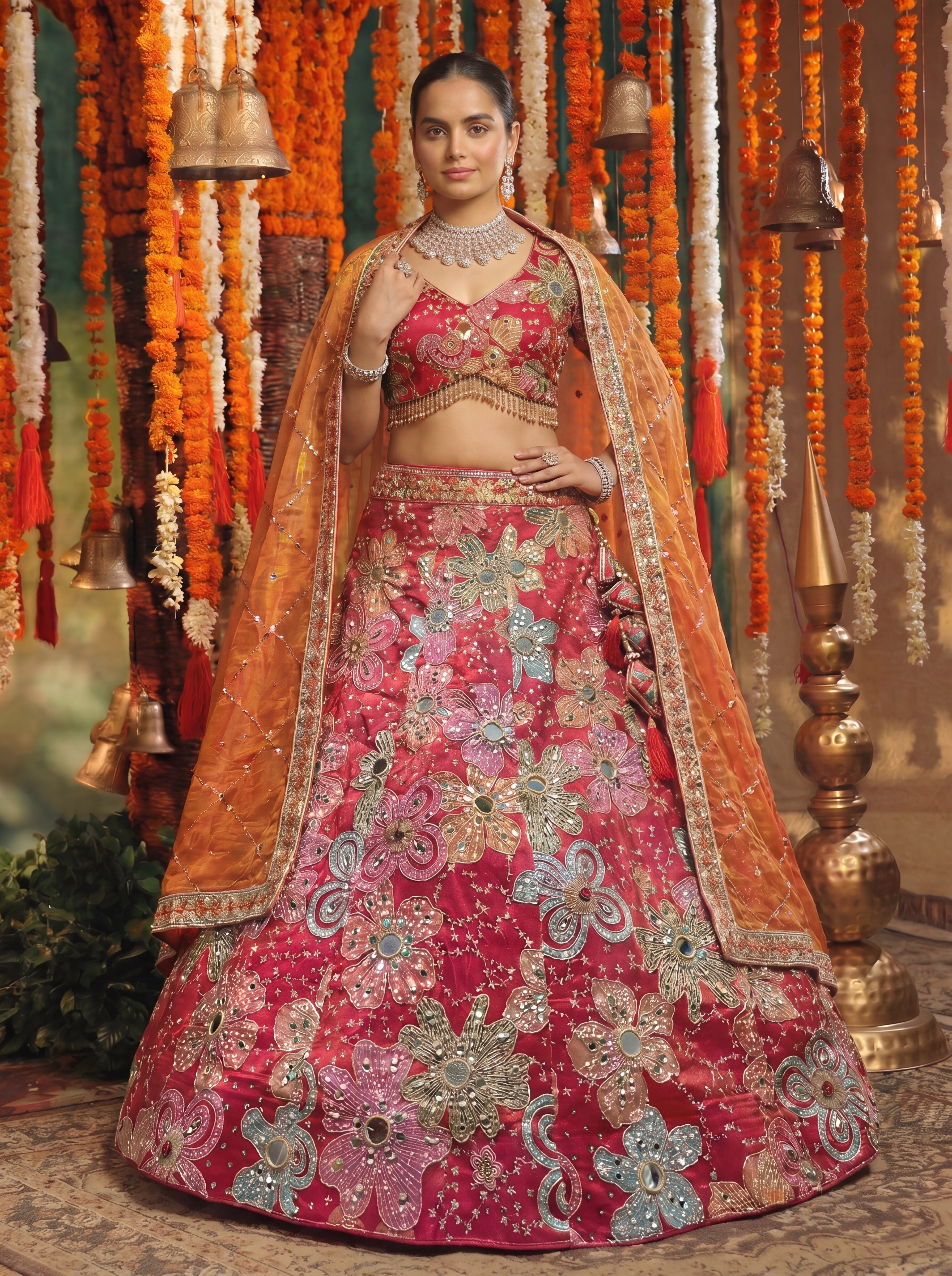 Deep Rose Viscose Mirror Sequins Bridal Lehenga Choli Set