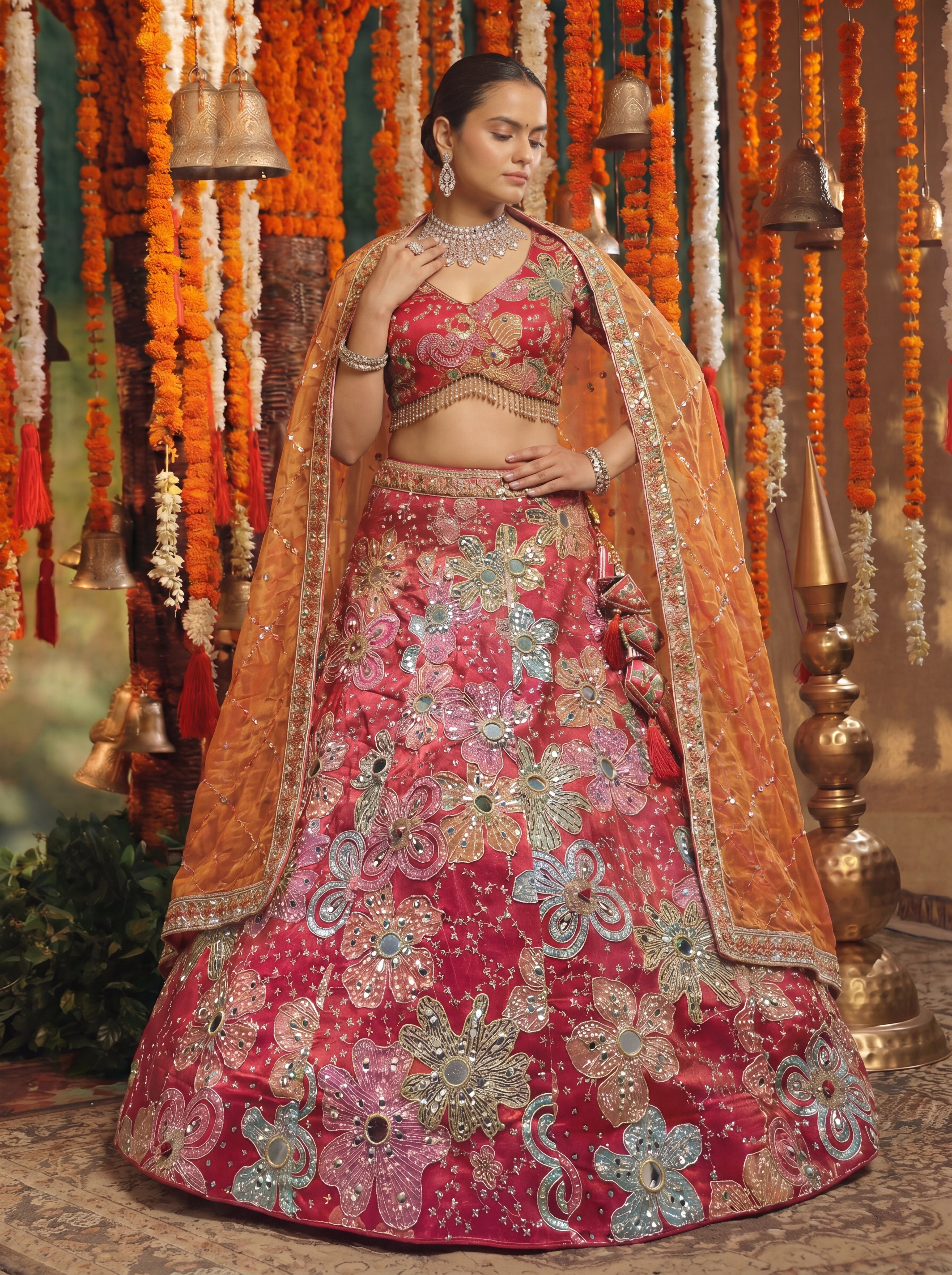 Deep Rose Viscose Mirror Sequins Bridal Lehenga Choli Set
