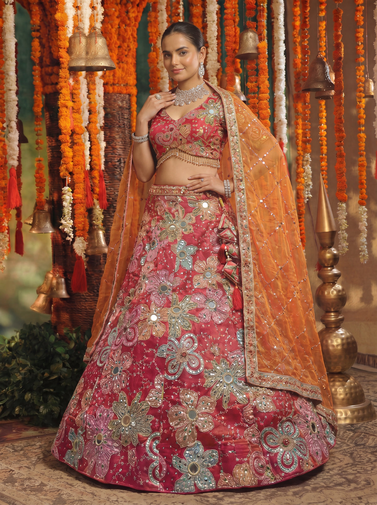 Deep Rose Viscose Mirror Sequins Bridal Lehenga Choli Set
