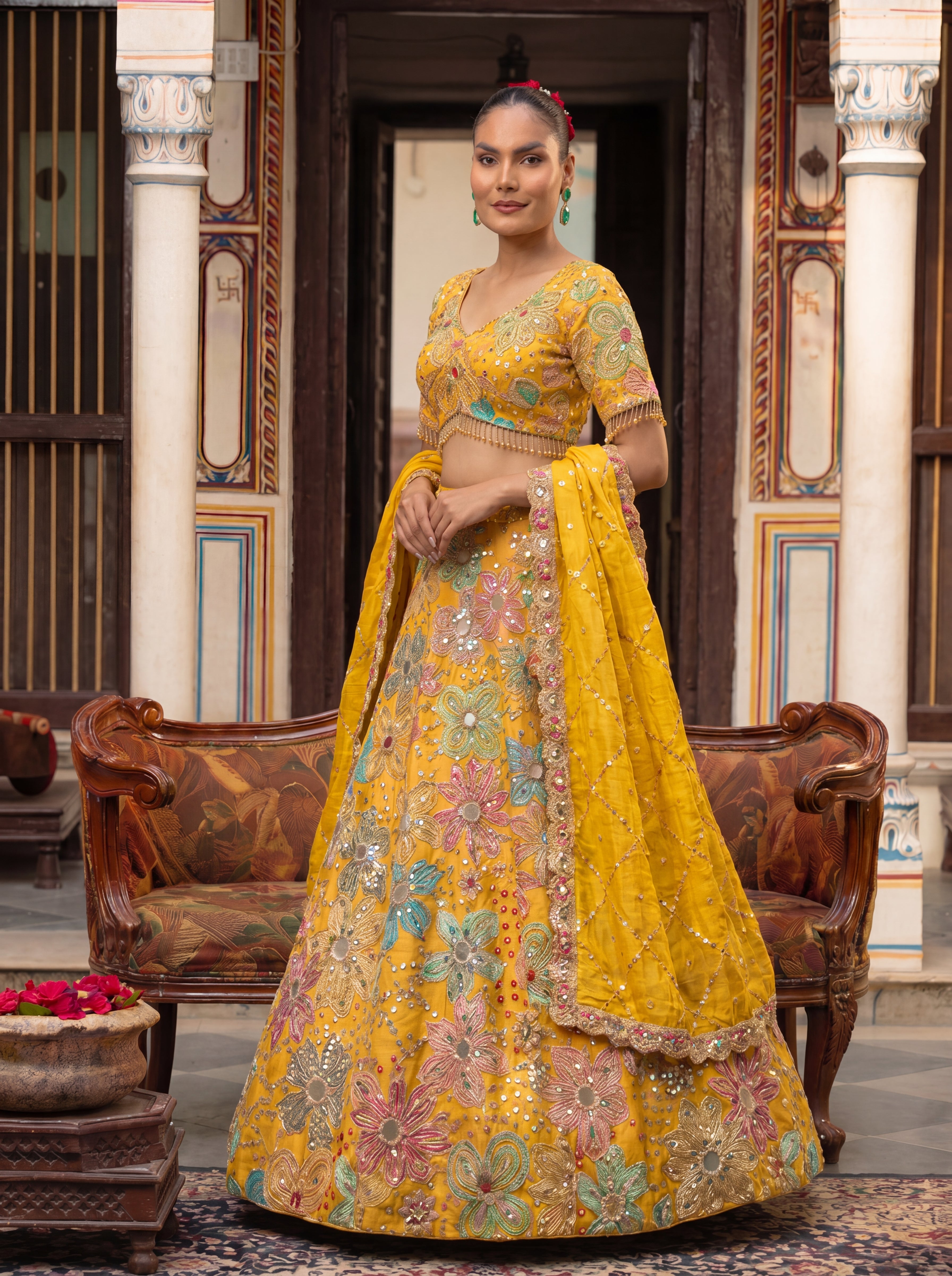 Yellow Viscose Mirror Sequins Embroidered Wedding Lehenga Choli