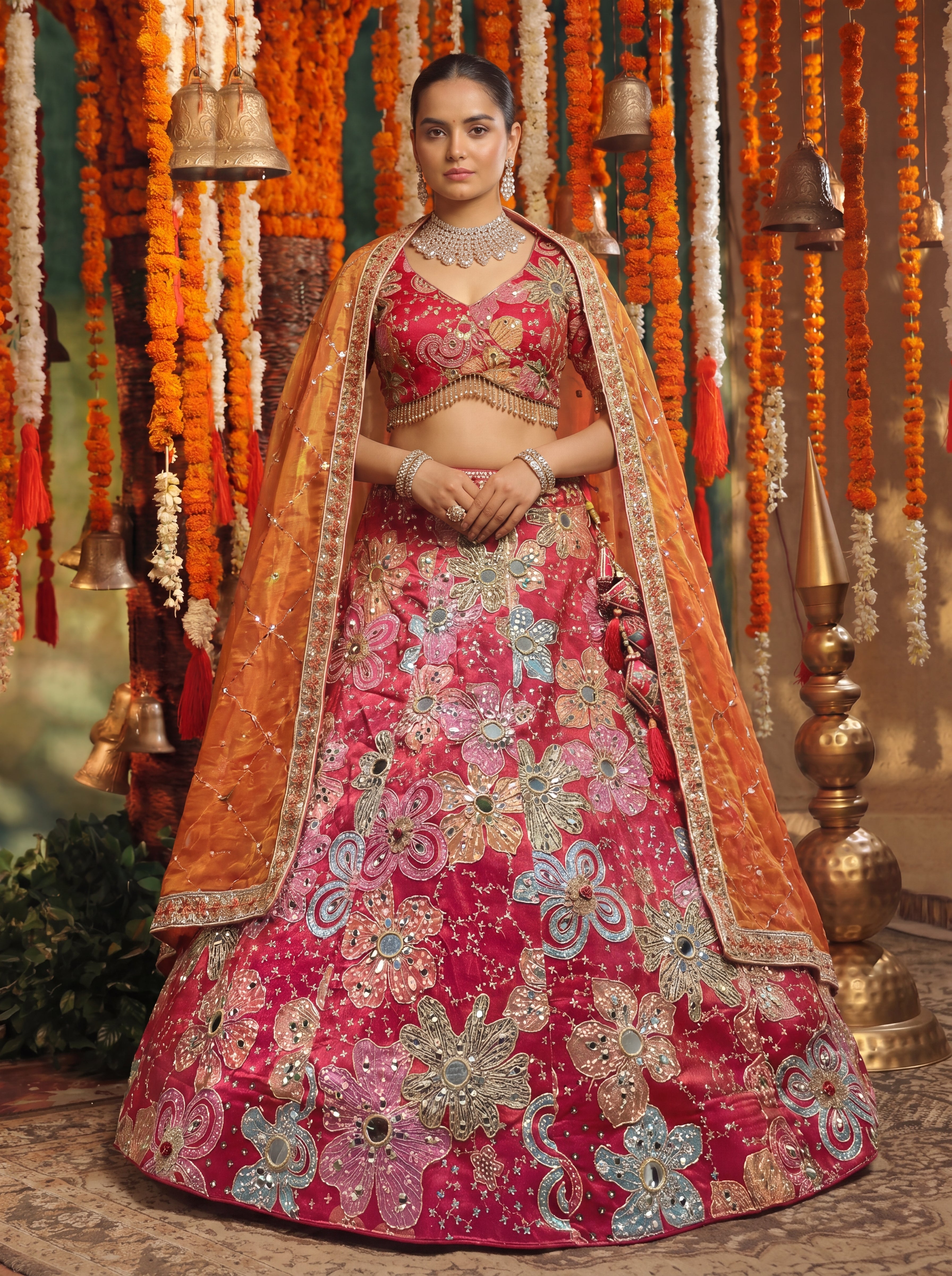 Deep Rose Viscose Mirror Sequins Bridal Lehenga Choli Set
