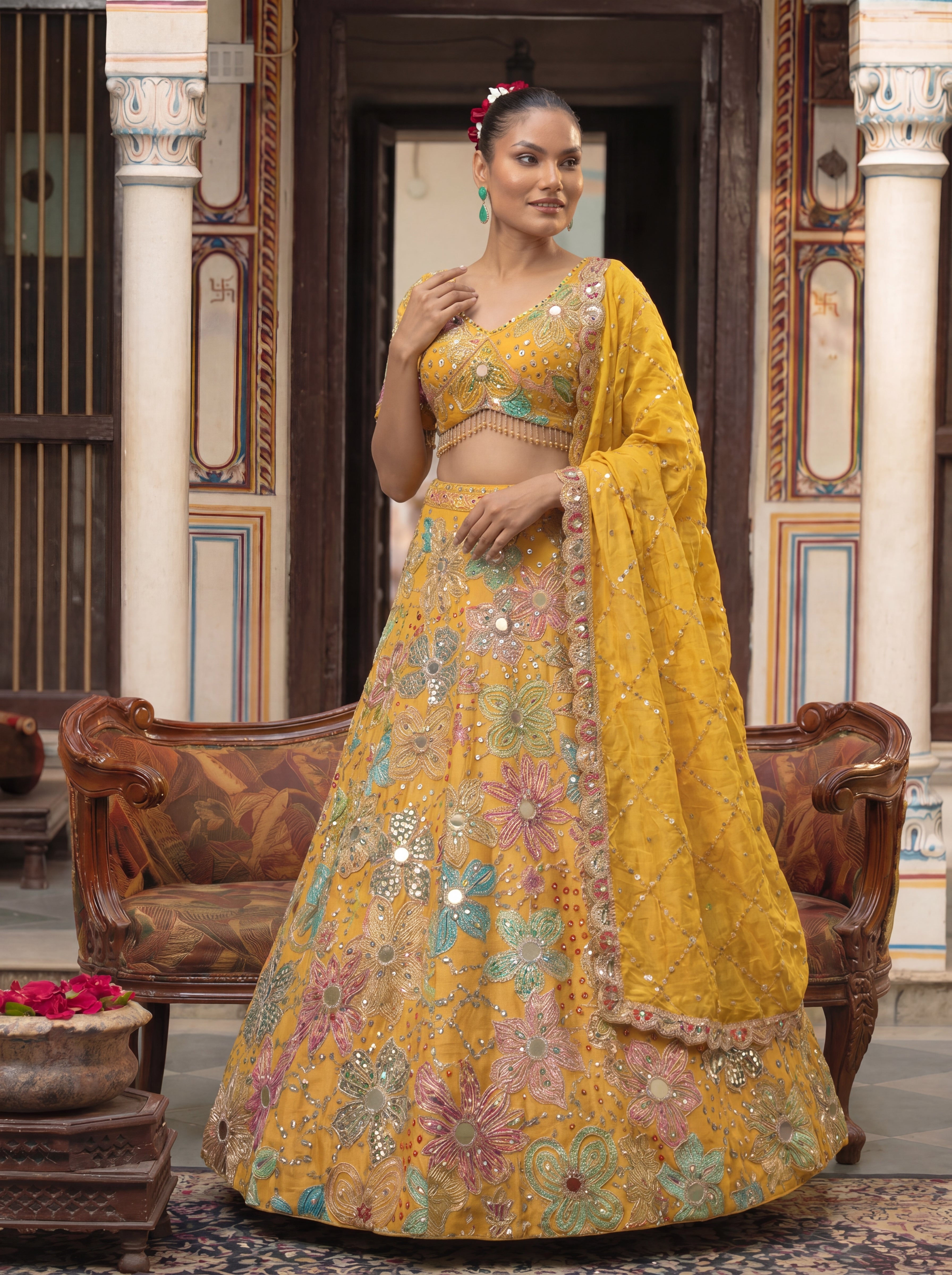 Yellow Viscose Mirror Sequins Embroidered Wedding Lehenga Choli