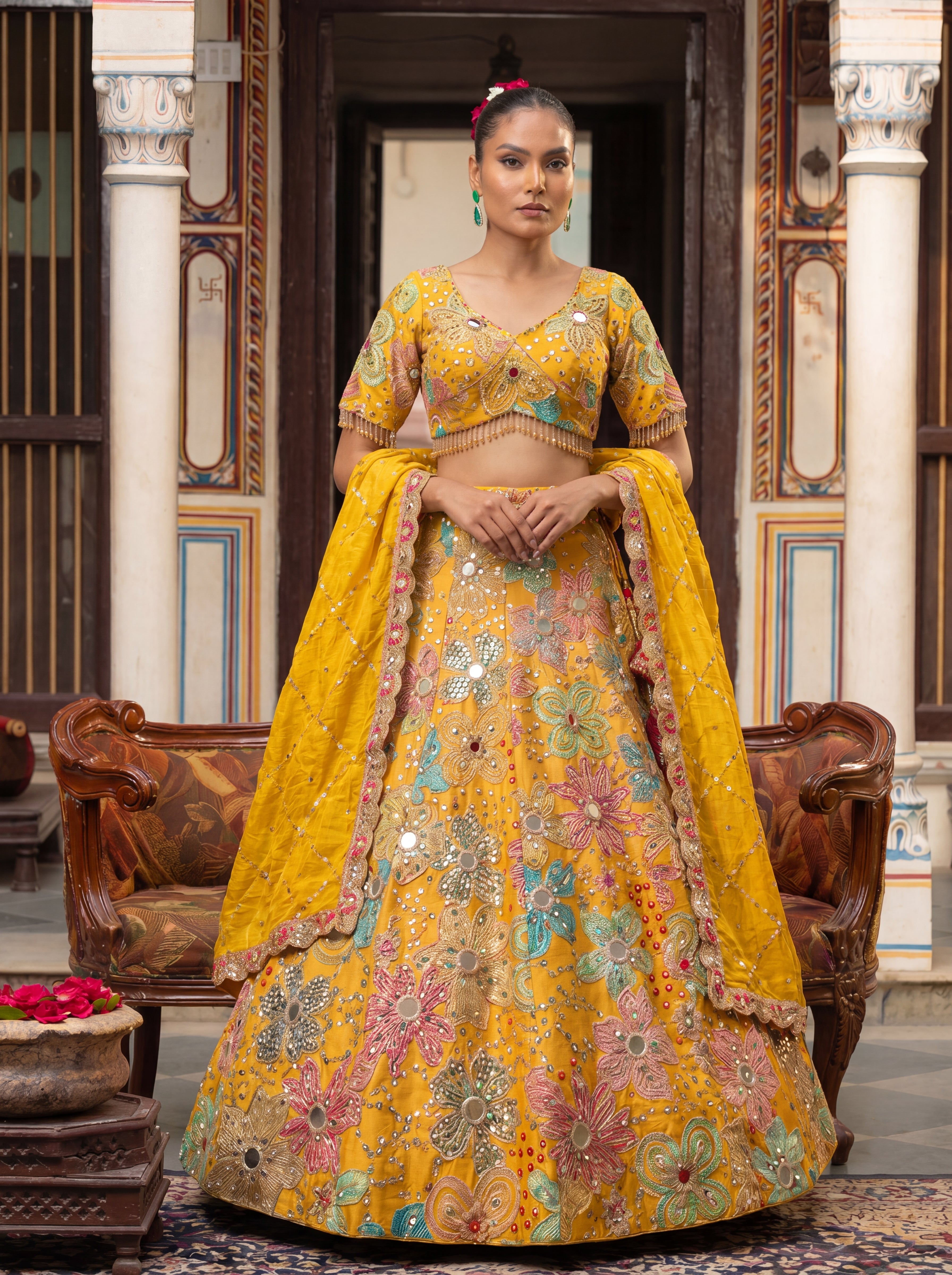 Yellow Viscose Mirror Sequins Embroidered Wedding Lehenga Choli