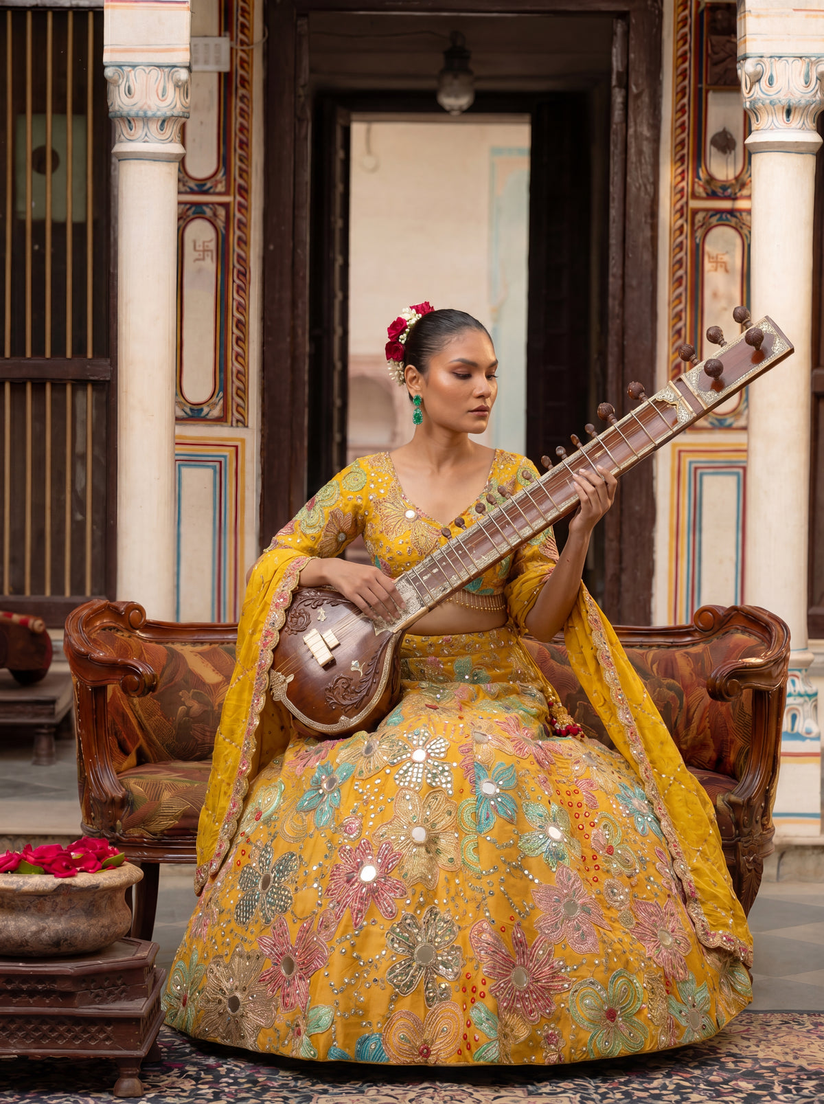 Yellow Viscose Mirror Sequins Embroidered Wedding Lehenga Choli
