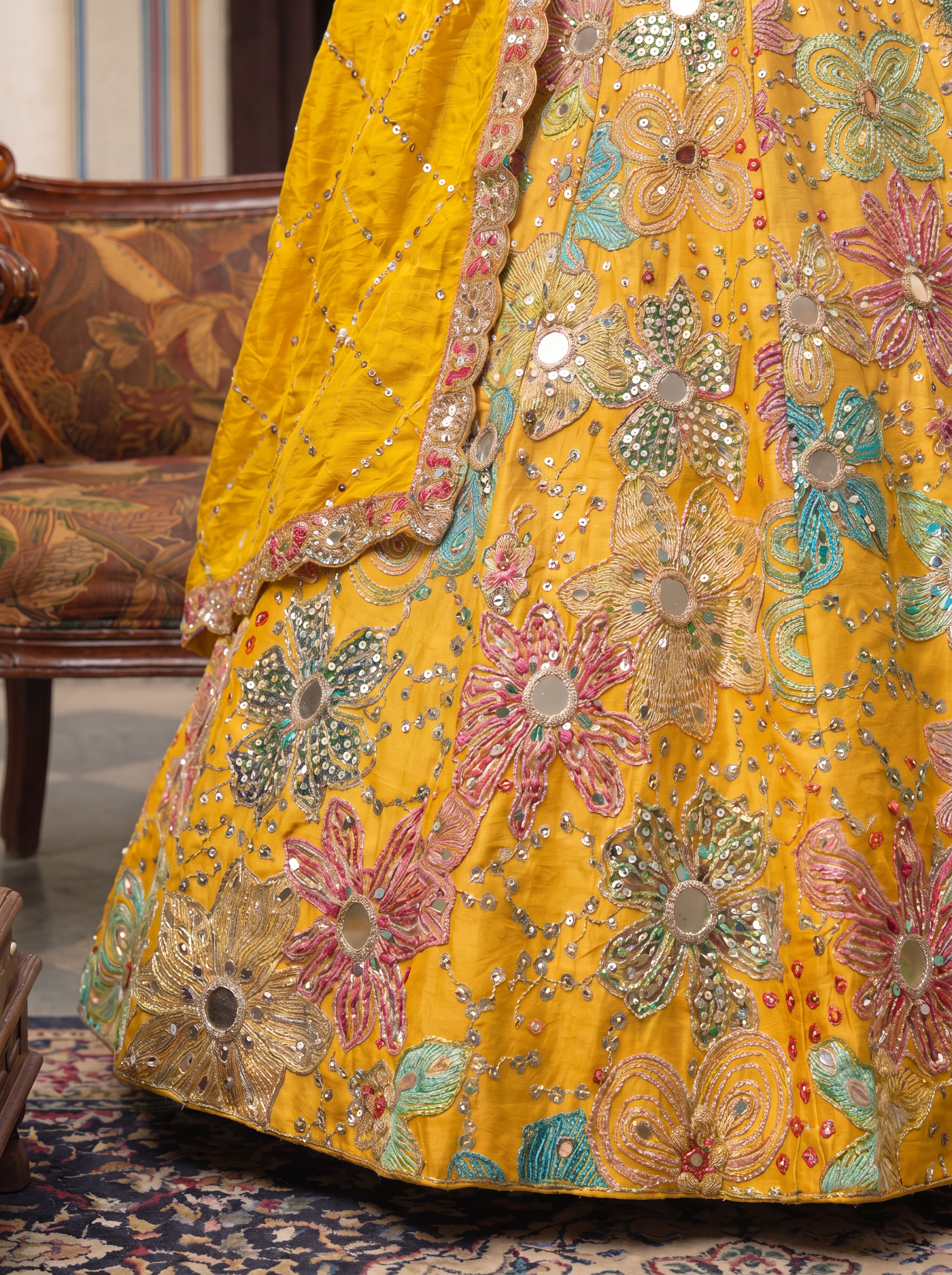Yellow Viscose Mirror Sequins Embroidered Wedding Lehenga Choli
