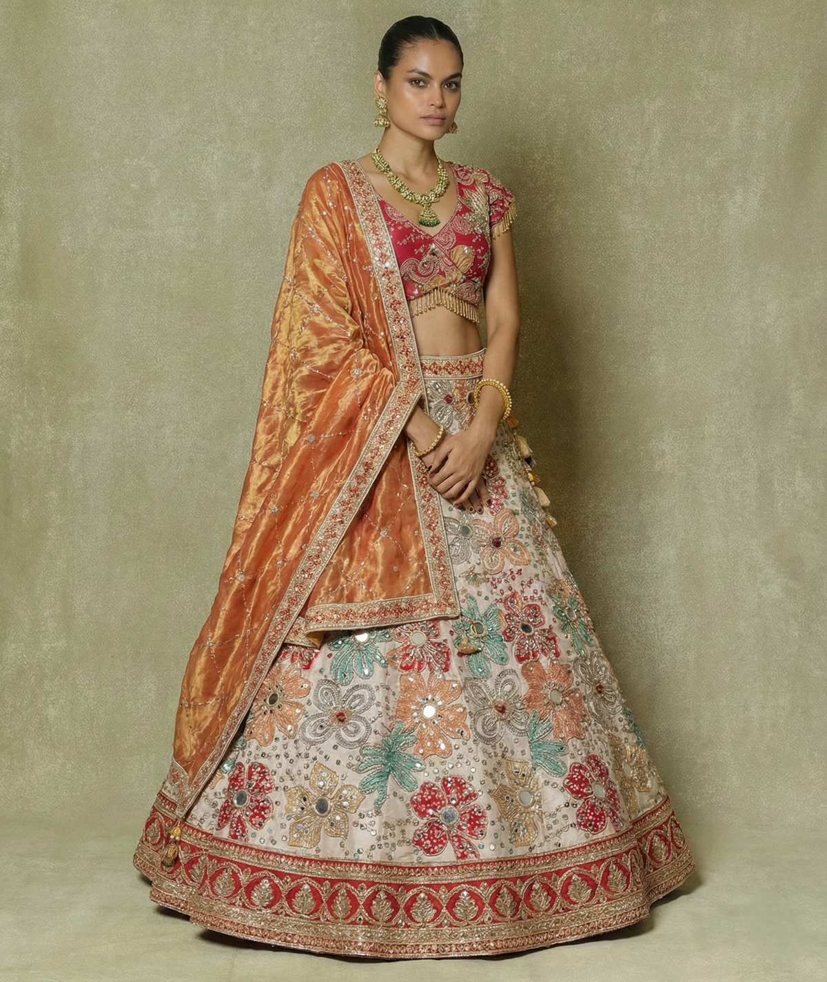 Ivory Cream Viscose Sequins Mirror Bridal Lehenga Choli Set
