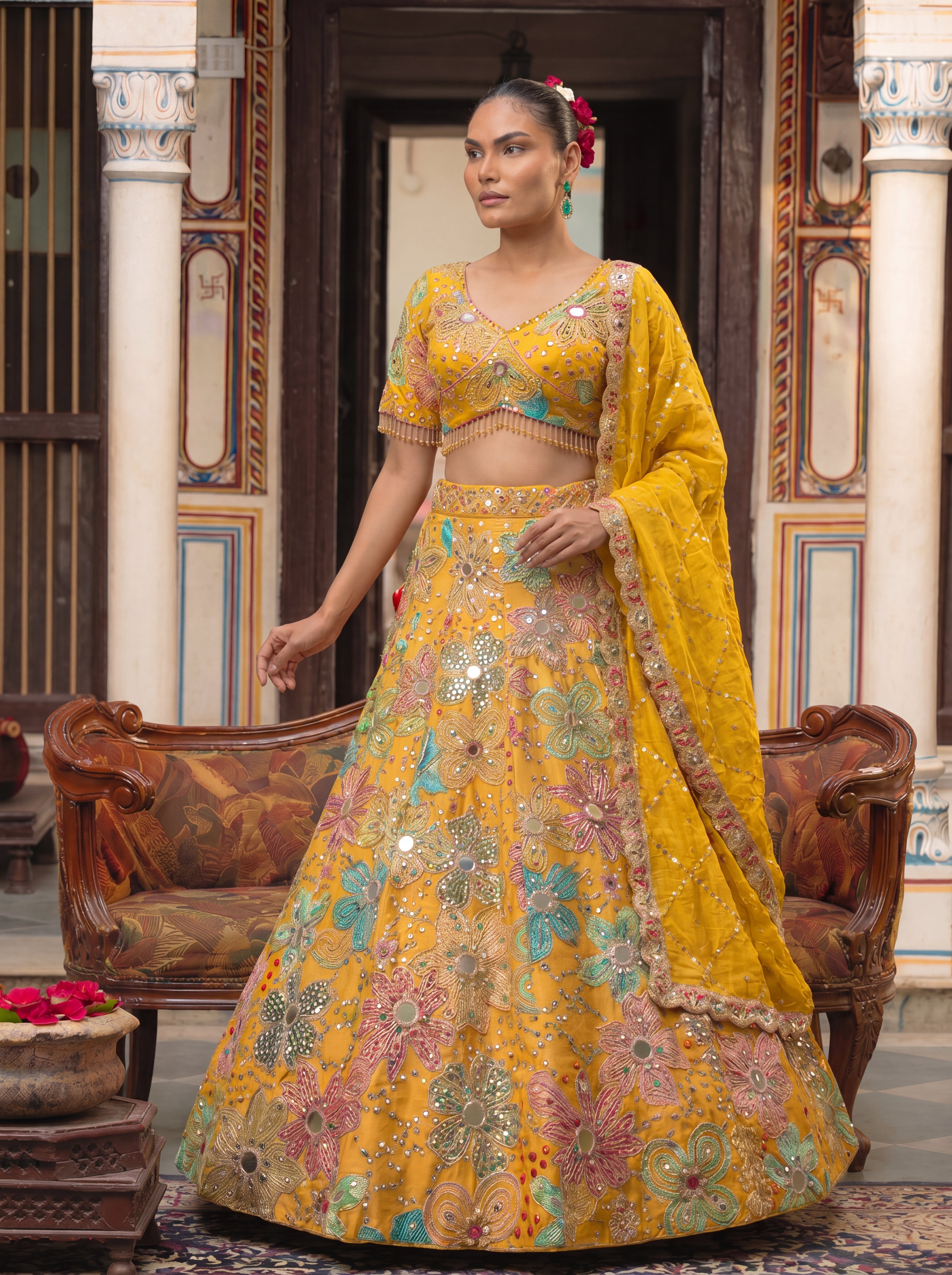 Yellow Viscose Mirror Sequins Embroidered Wedding Lehenga Choli