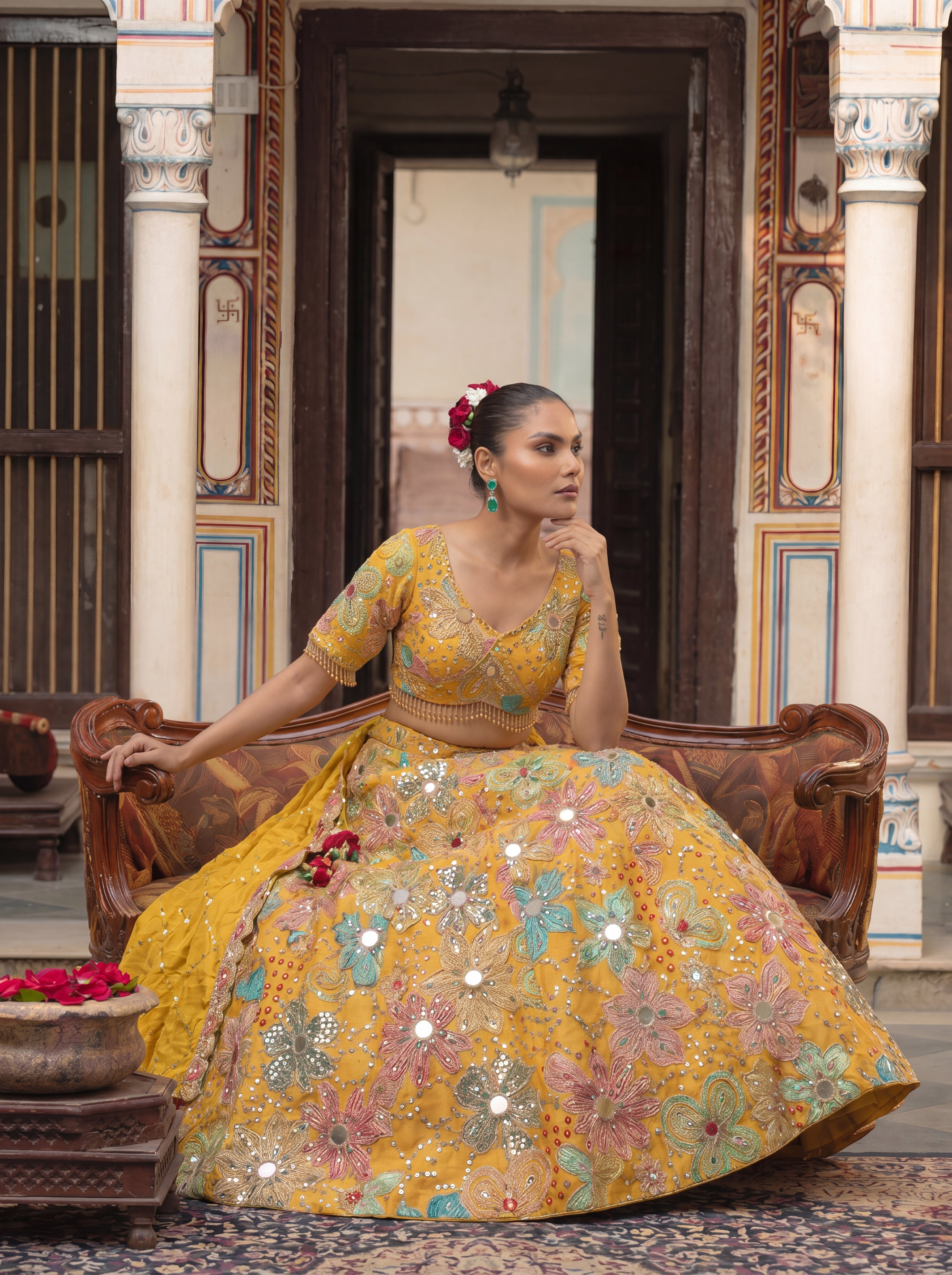 Yellow Viscose Mirror Sequins Embroidered Wedding Lehenga Choli
