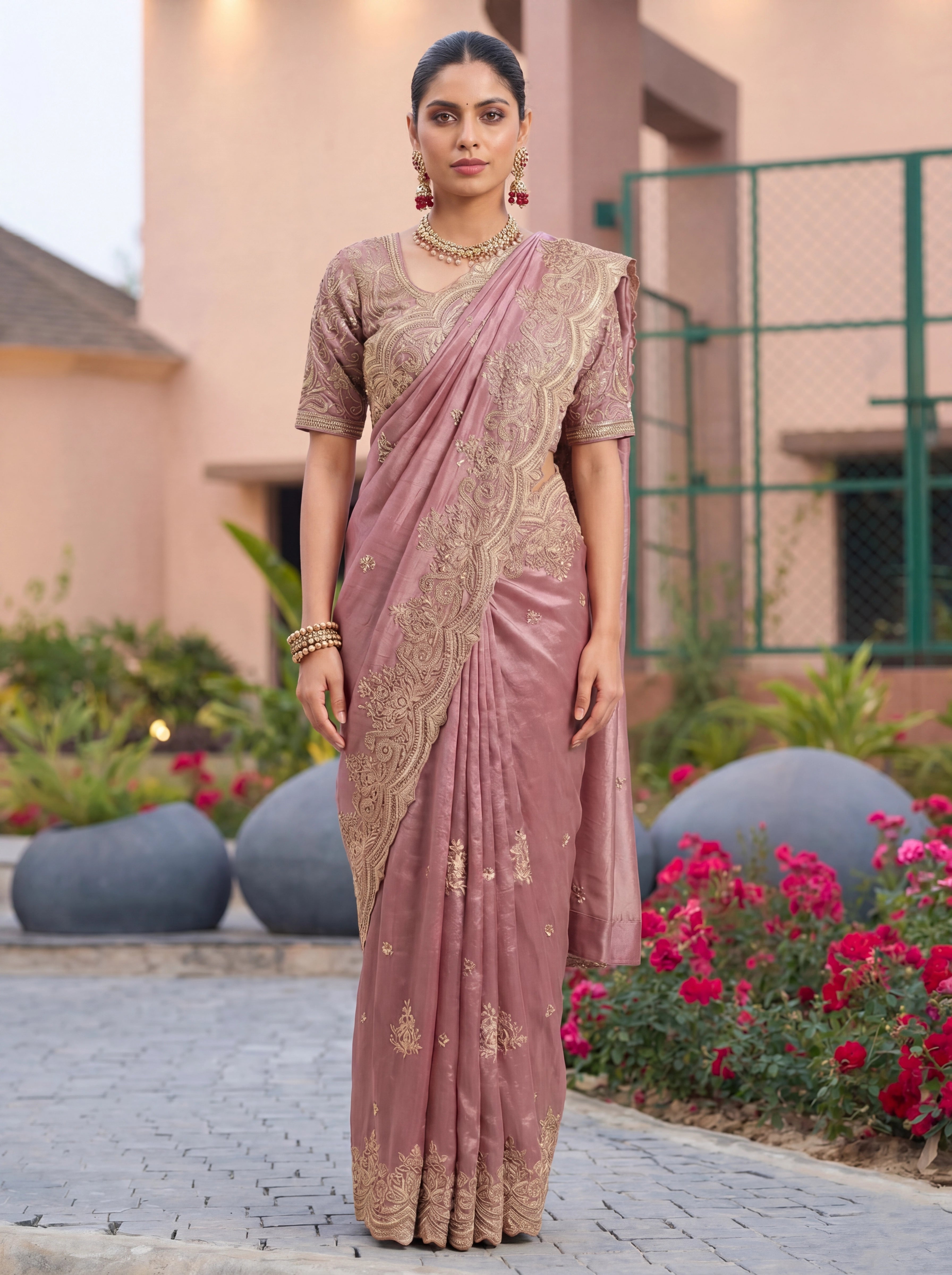 Dusty Mauve Pink Saree With Antique Gold Embroidery Work