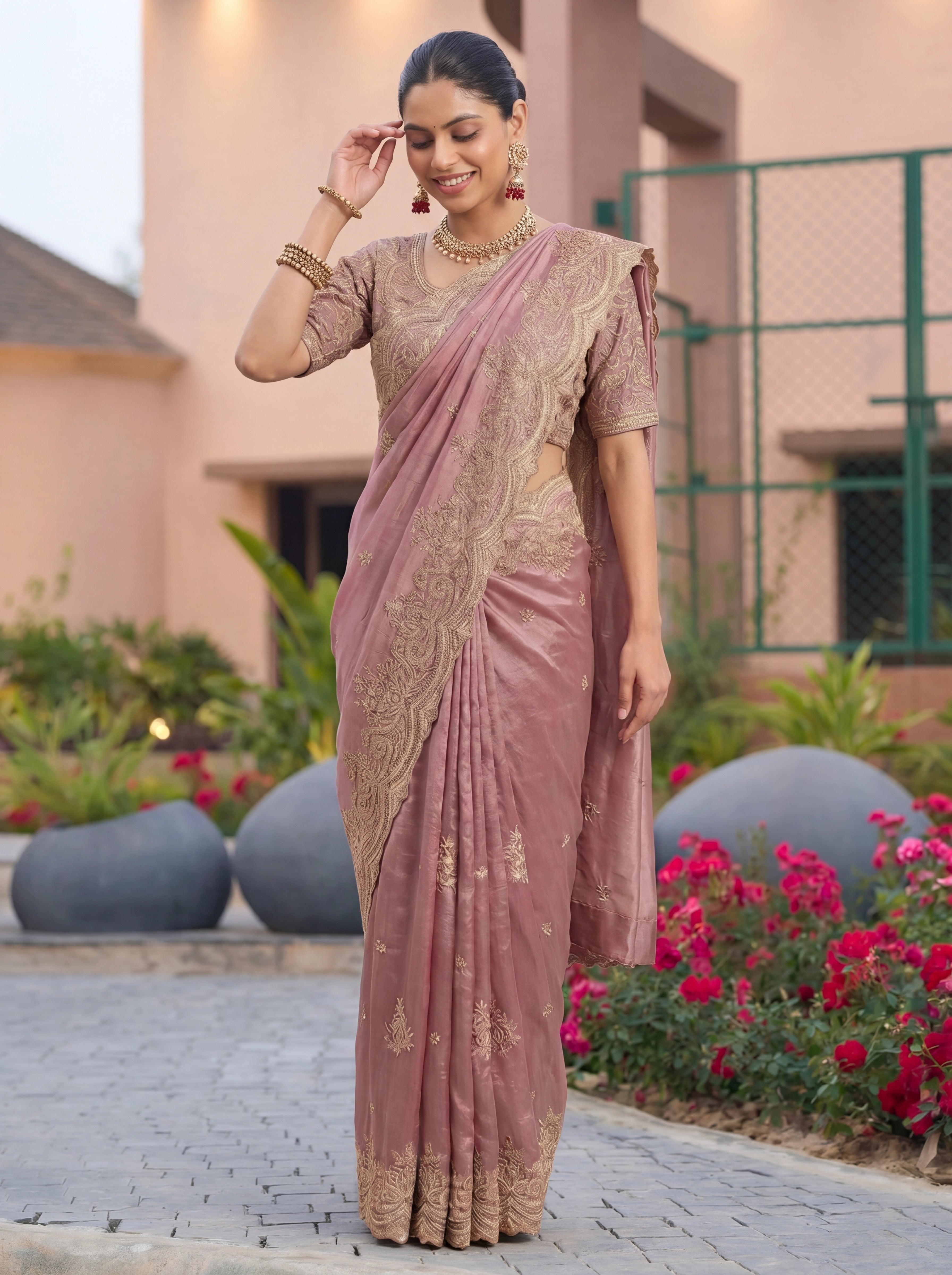 Dusty Mauve Pink Saree With Antique Gold Embroidery Work