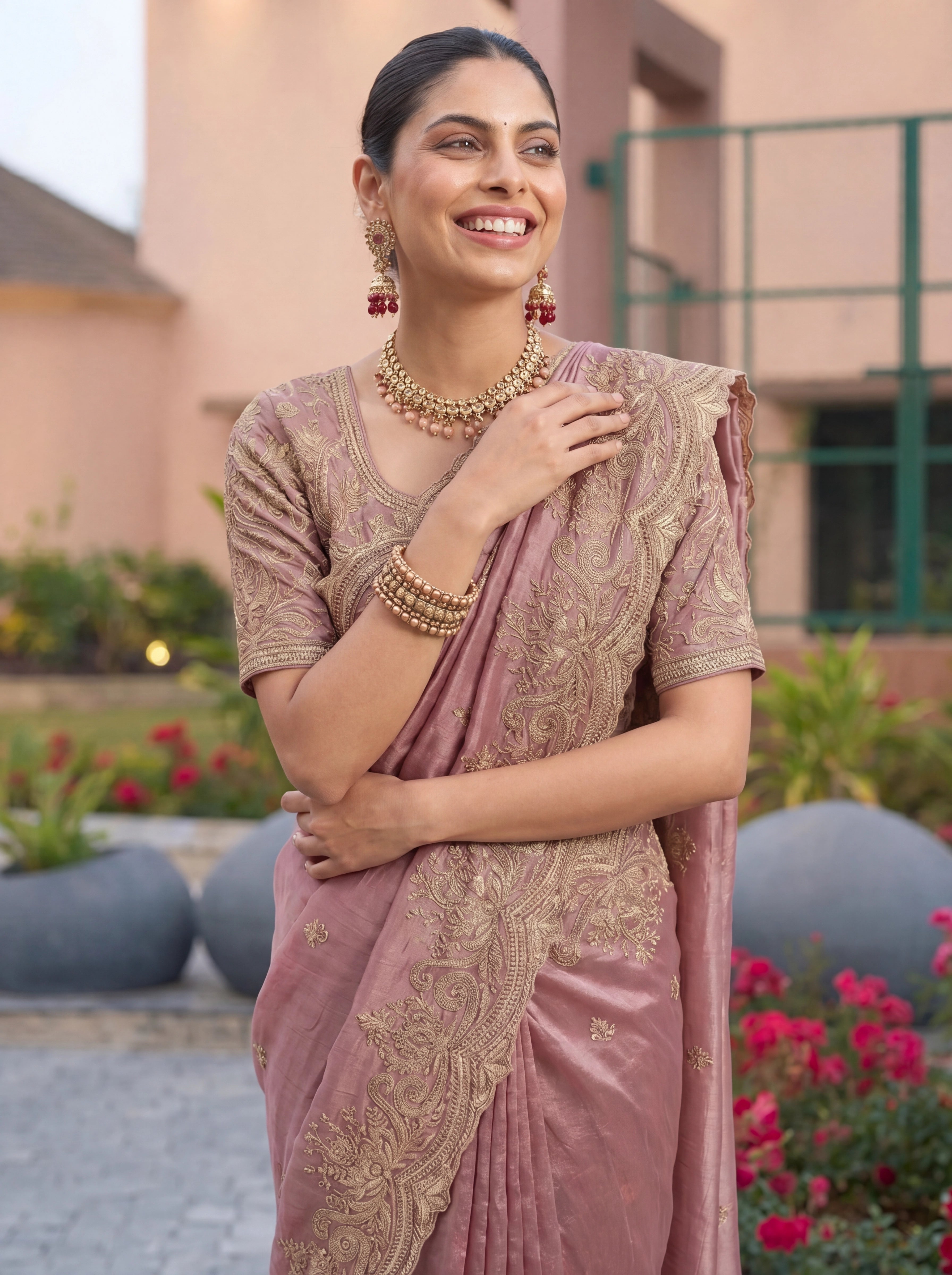 Dusty Mauve Pink Saree With Antique Gold Embroidery Work