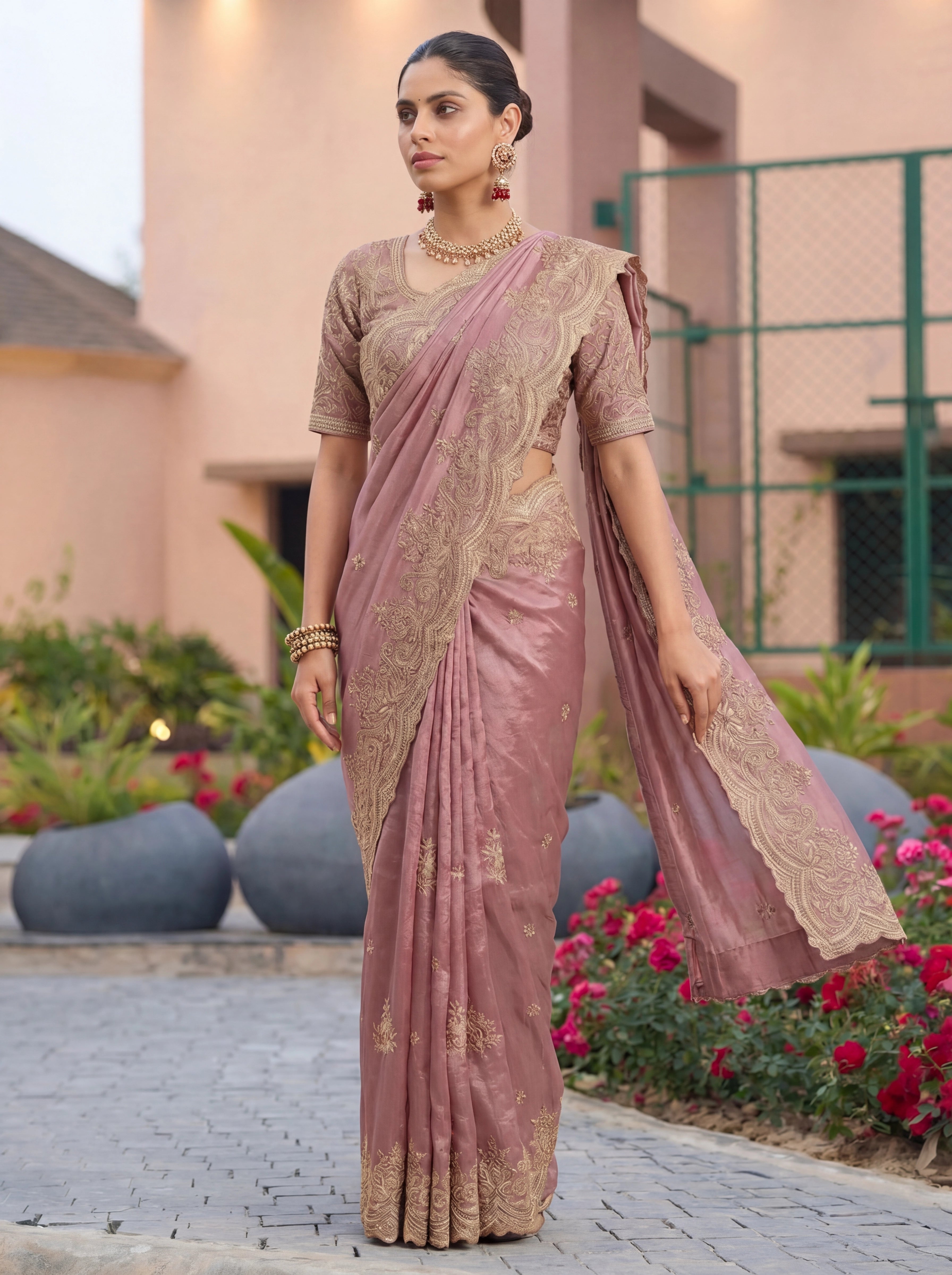 Dusty Mauve Pink Saree With Antique Gold Embroidery Work