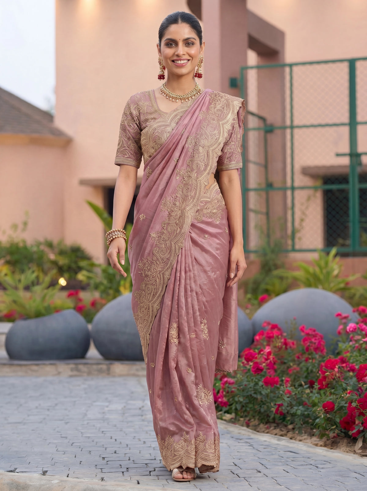 Dusty Mauve Pink Saree With Antique Gold Embroidery Work