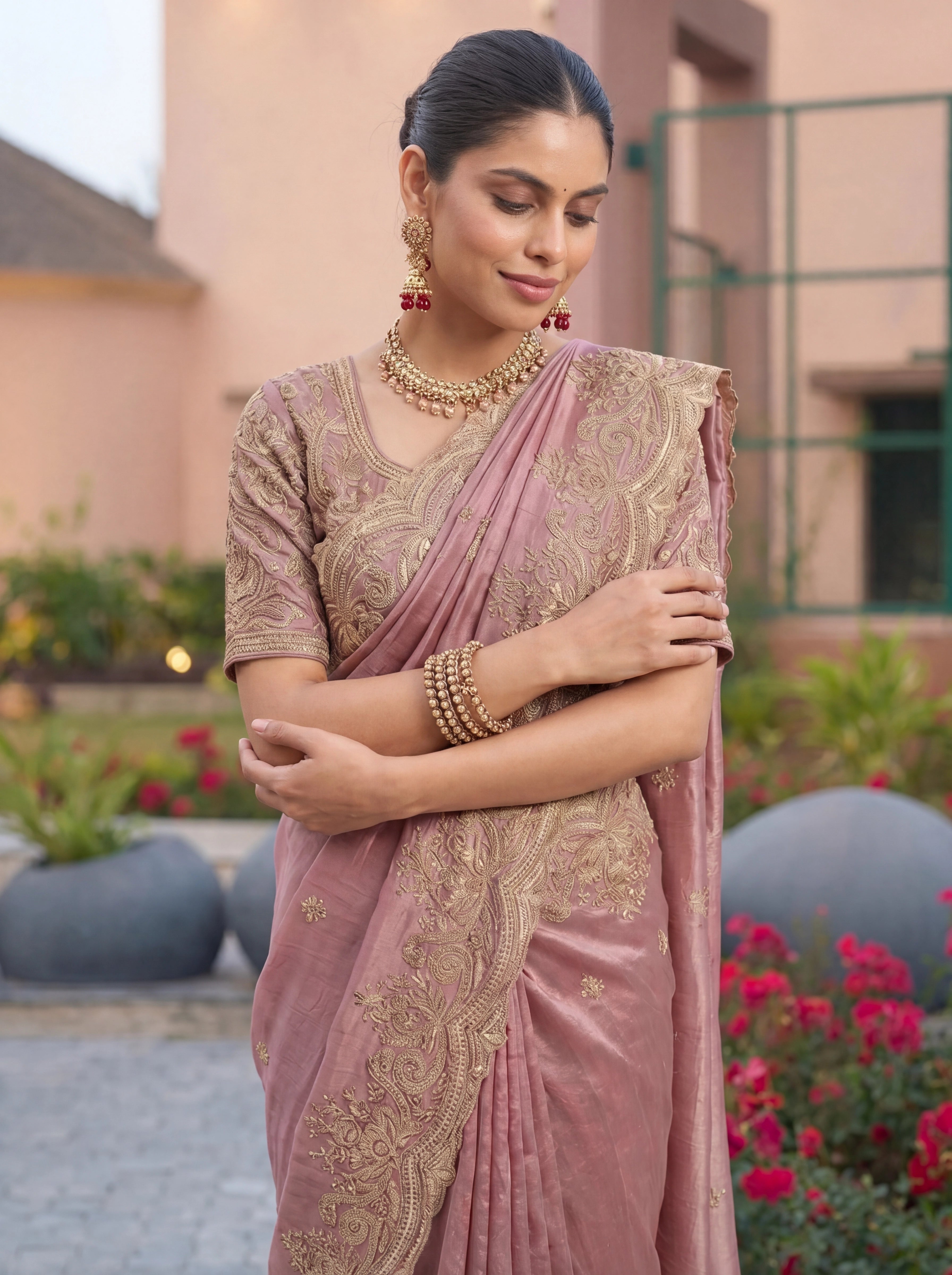 Dusty Mauve Pink Saree With Antique Gold Embroidery Work
