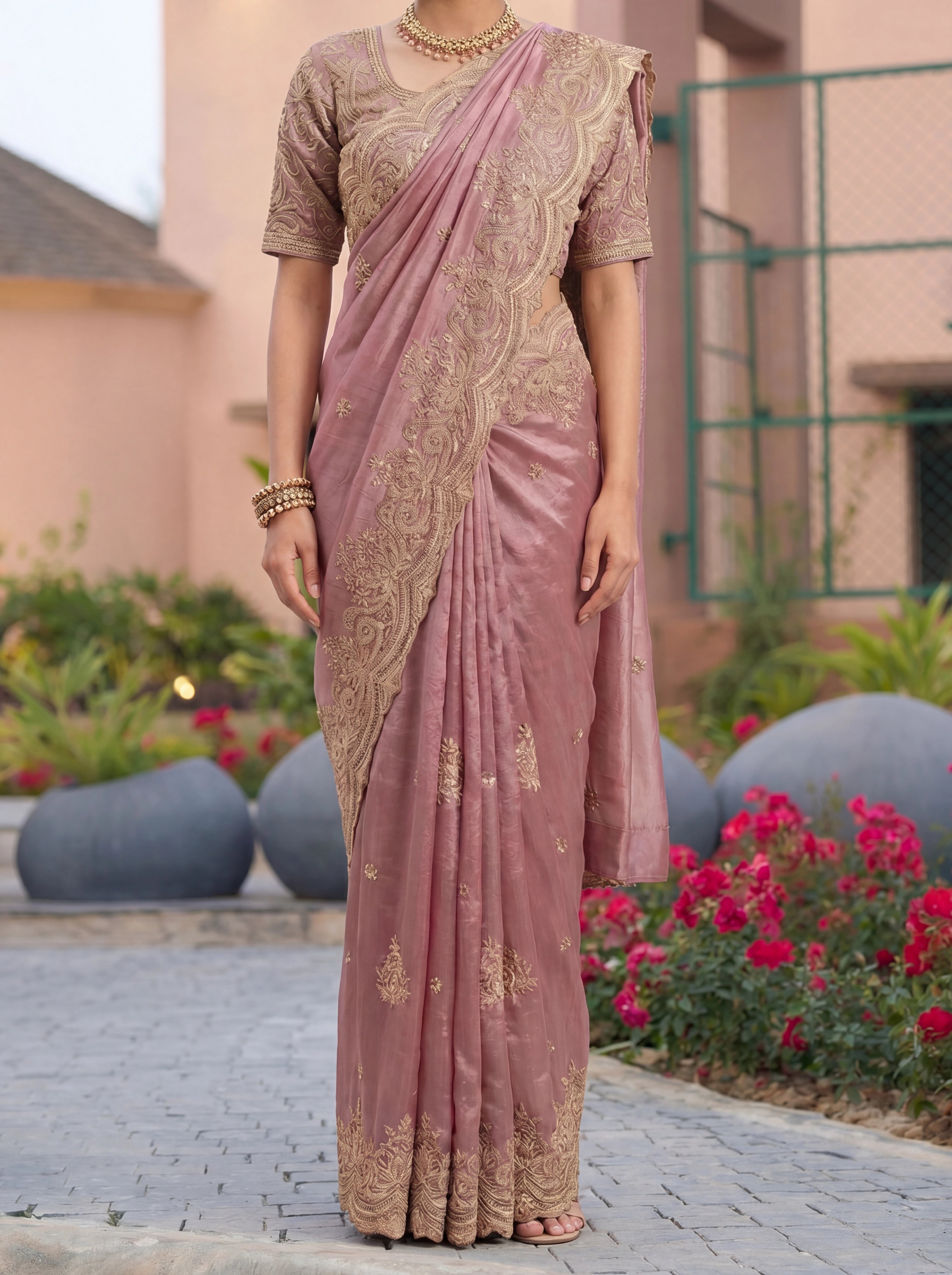 Dusty Mauve Pink Saree With Antique Gold Embroidery Work