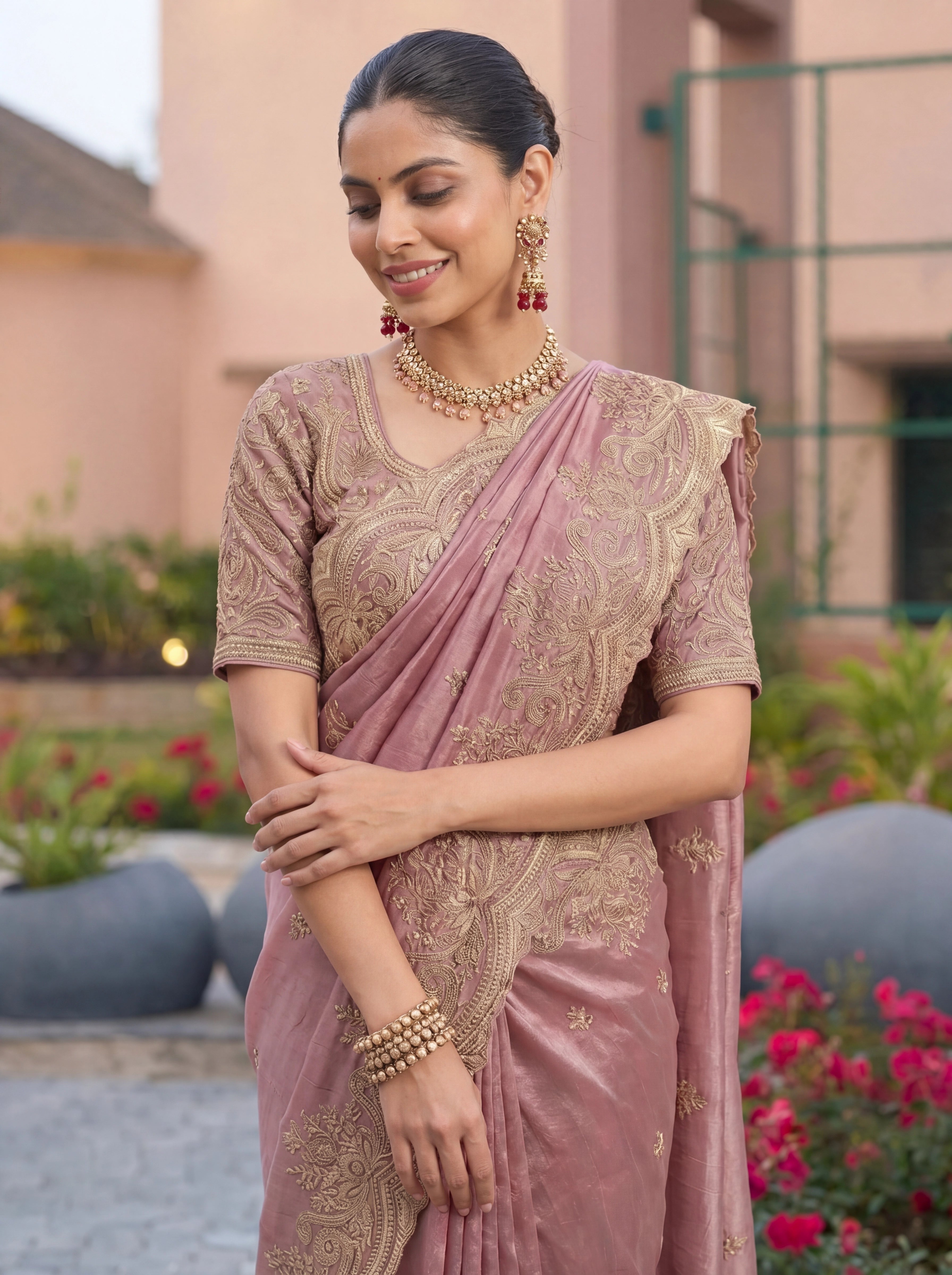 Dusty Mauve Pink Saree With Antique Gold Embroidery Work