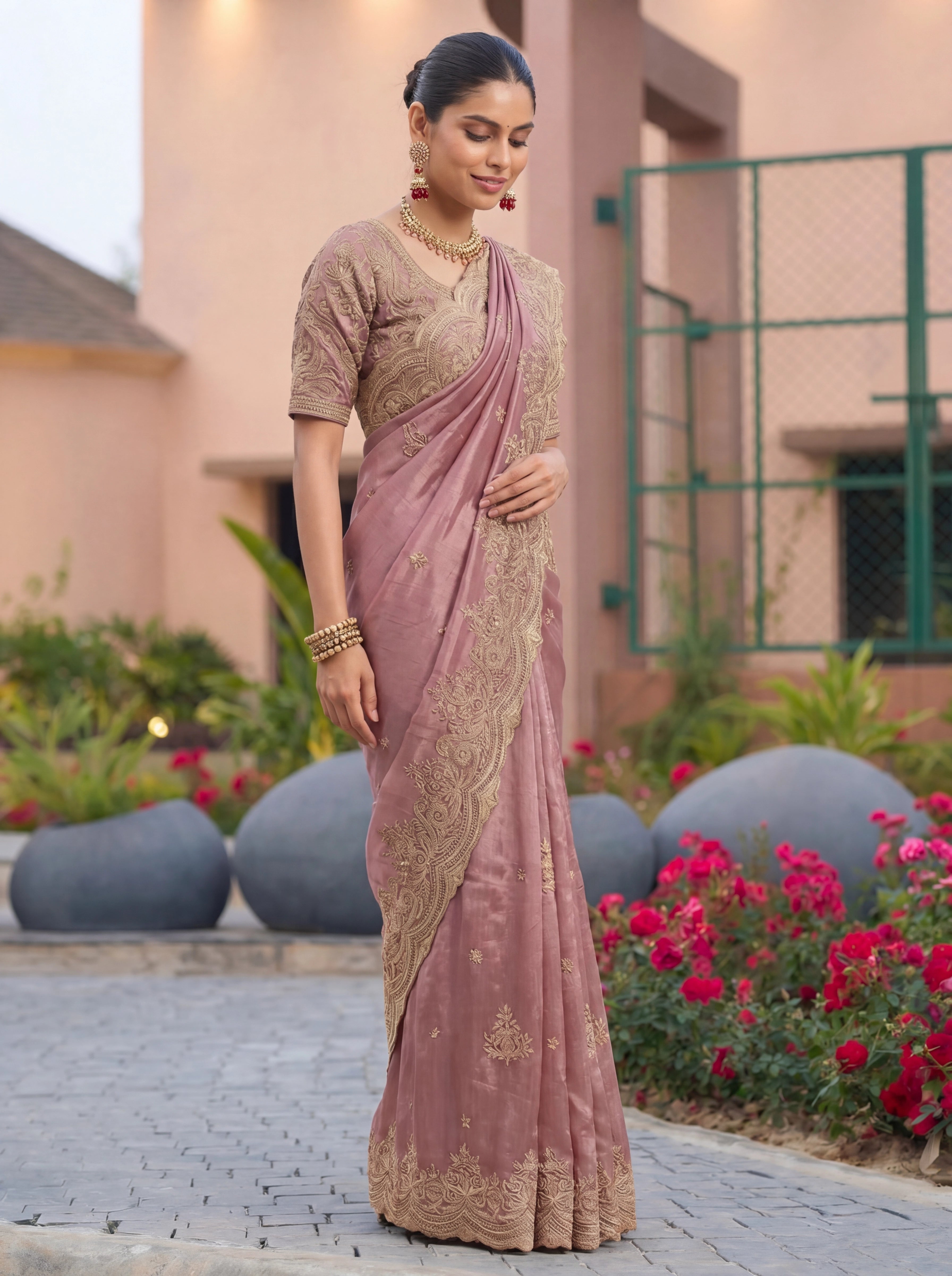Dusty Mauve Pink Saree With Antique Gold Embroidery Work