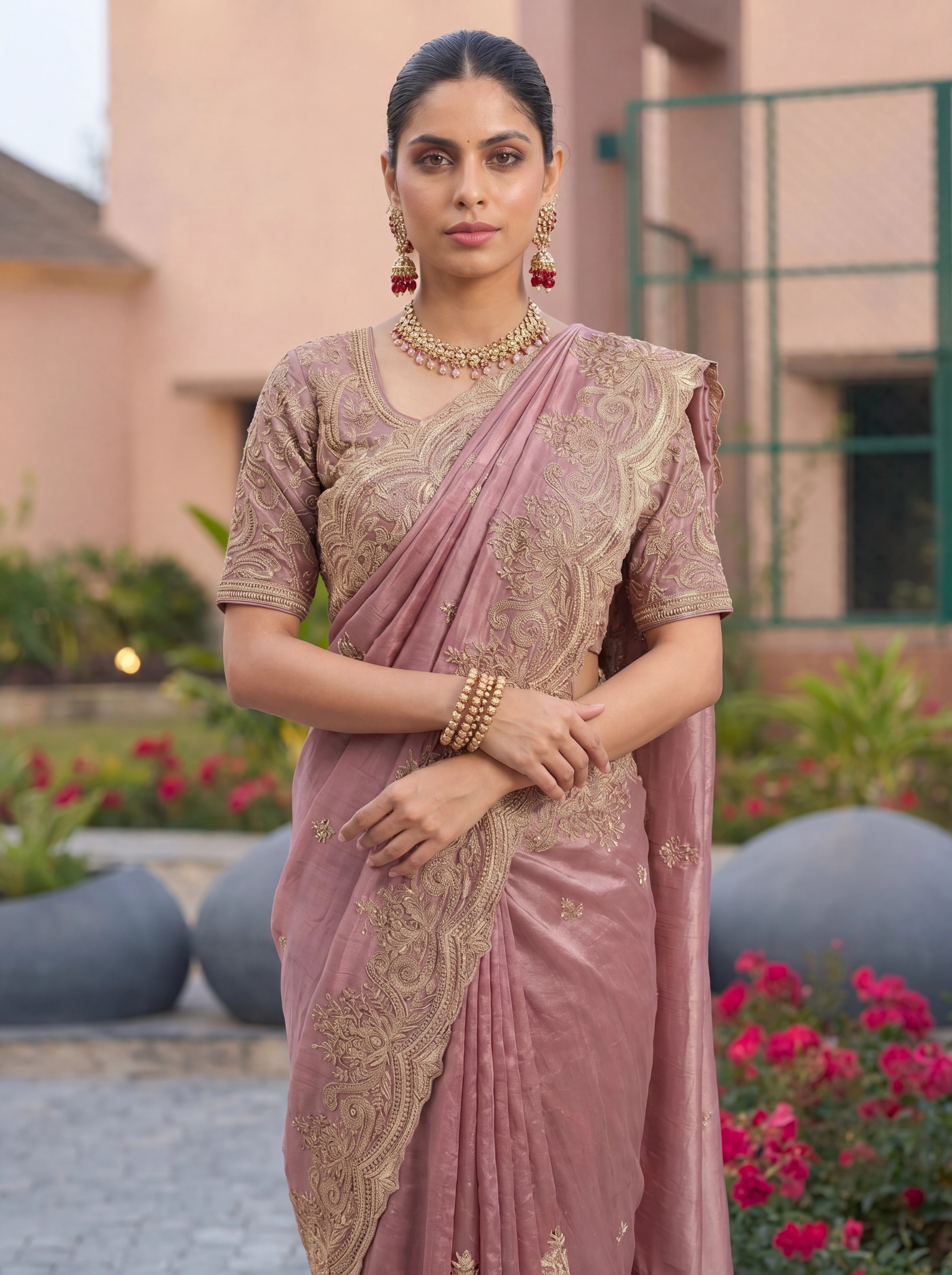 Dusty Mauve Pink Saree With Antique Gold Embroidery Work