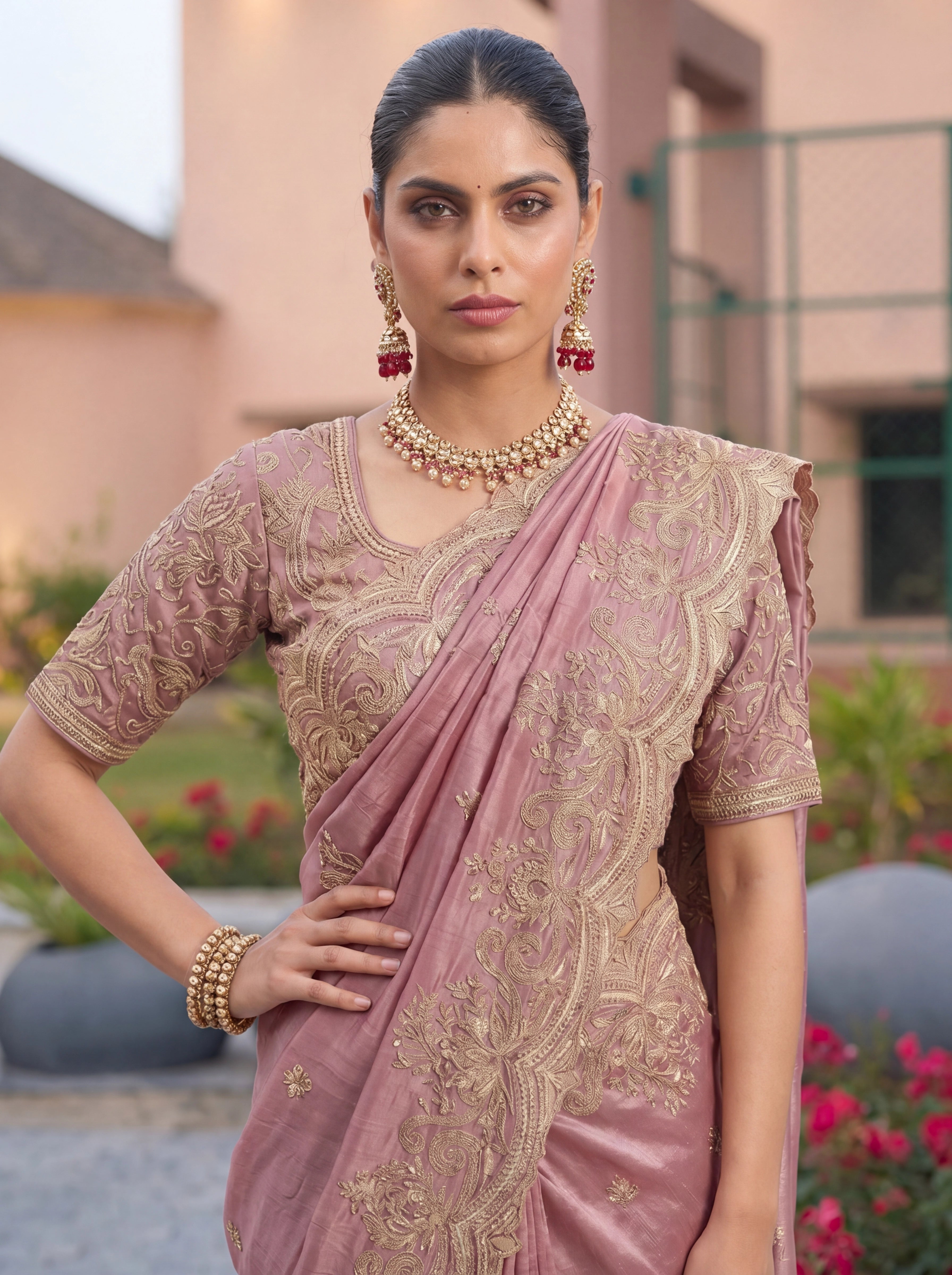 Dusty Mauve Pink Saree With Antique Gold Embroidery Work