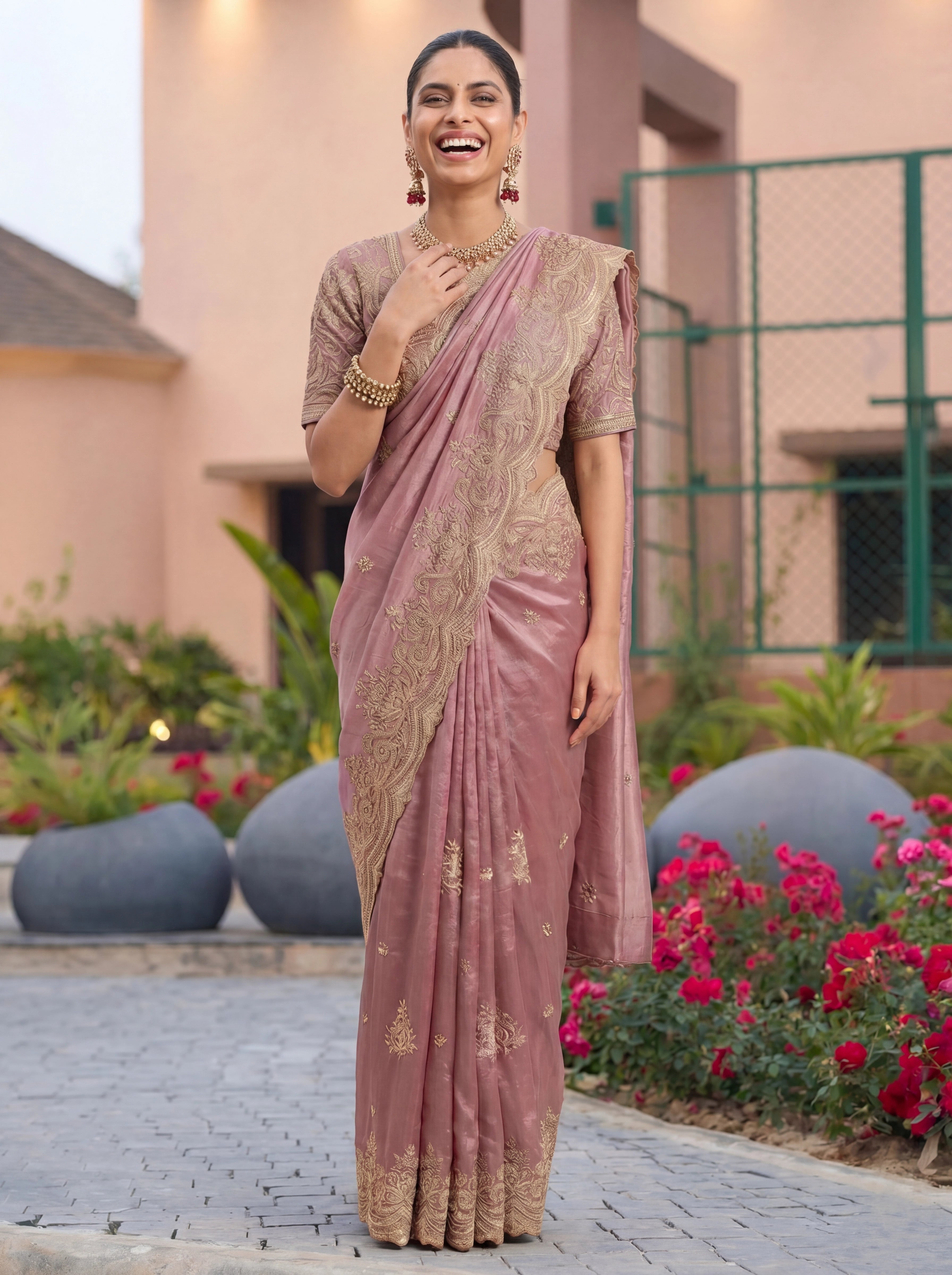 Dusty Mauve Pink Saree With Antique Gold Embroidery Work
