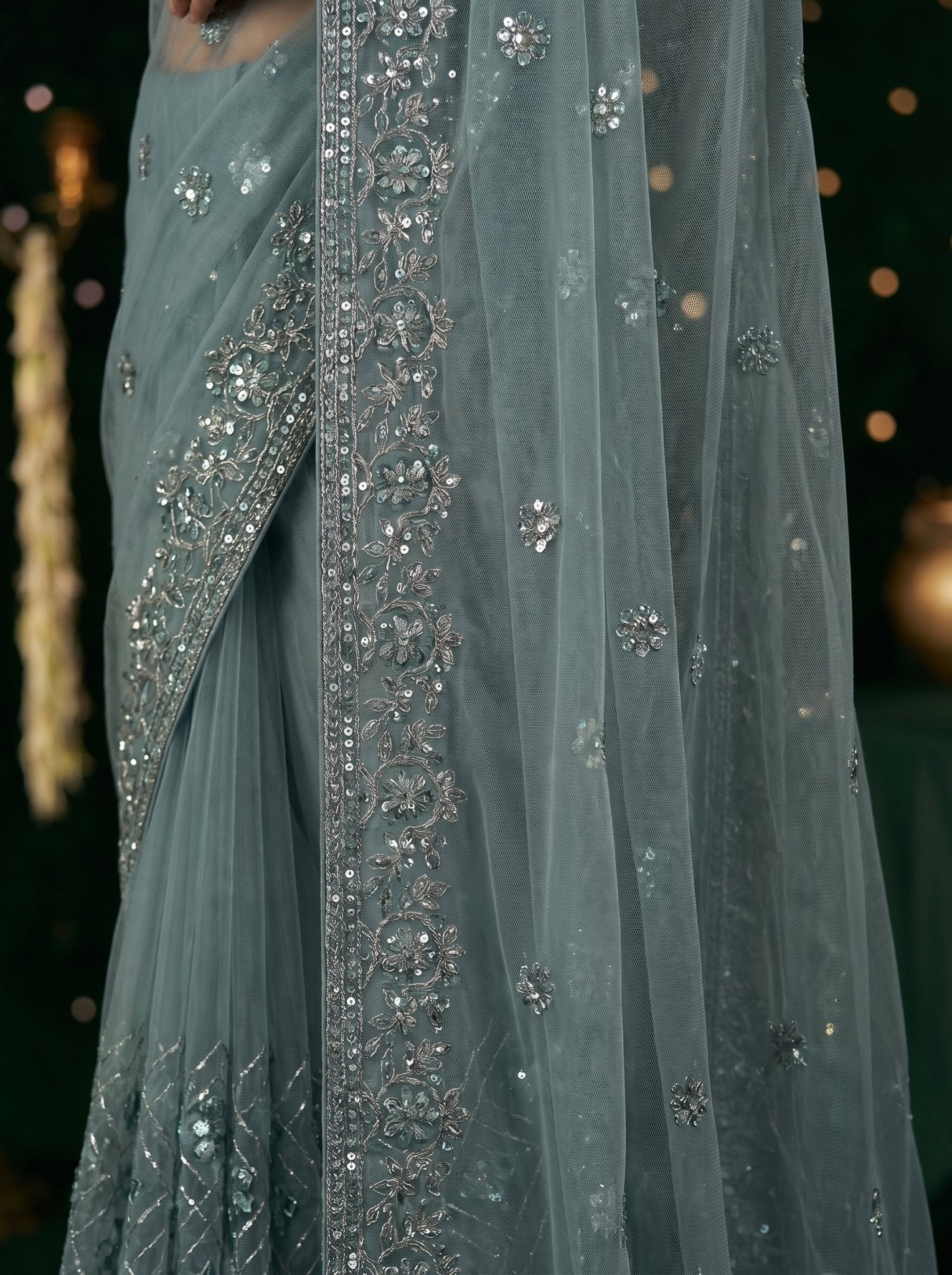 Elegant Grey Handworked Net Saree with Intricate Beads & Sequin Embroidery - Zimonza