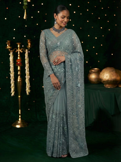 Elegant Grey Handworked Net Saree with Intricate Beads & Sequin Embroidery - Zimonza