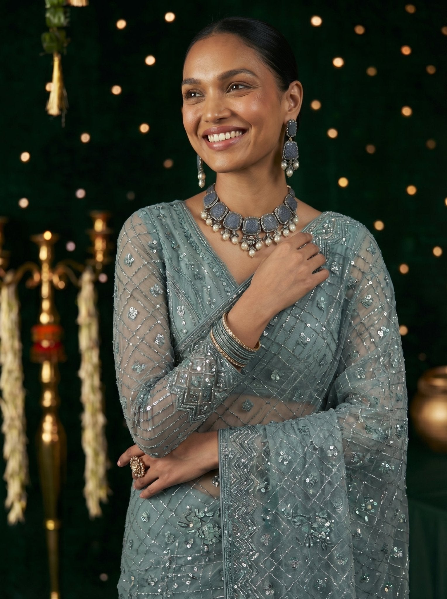 Elegant Grey Handworked Net Saree with Intricate Beads & Sequin Embroidery - Zimonza