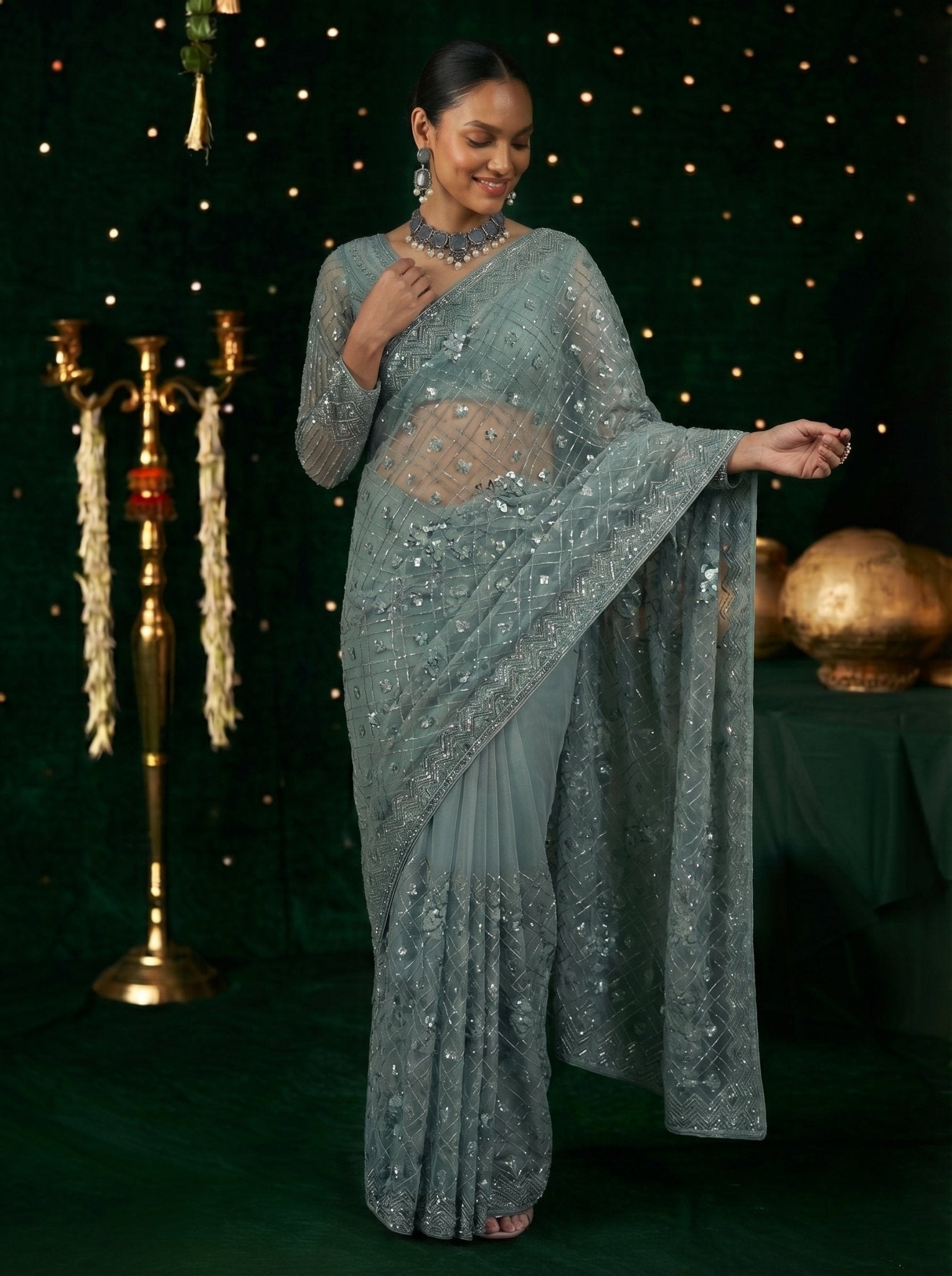 Elegant Grey Handworked Net Saree with Intricate Beads & Sequin Embroidery - Zimonza